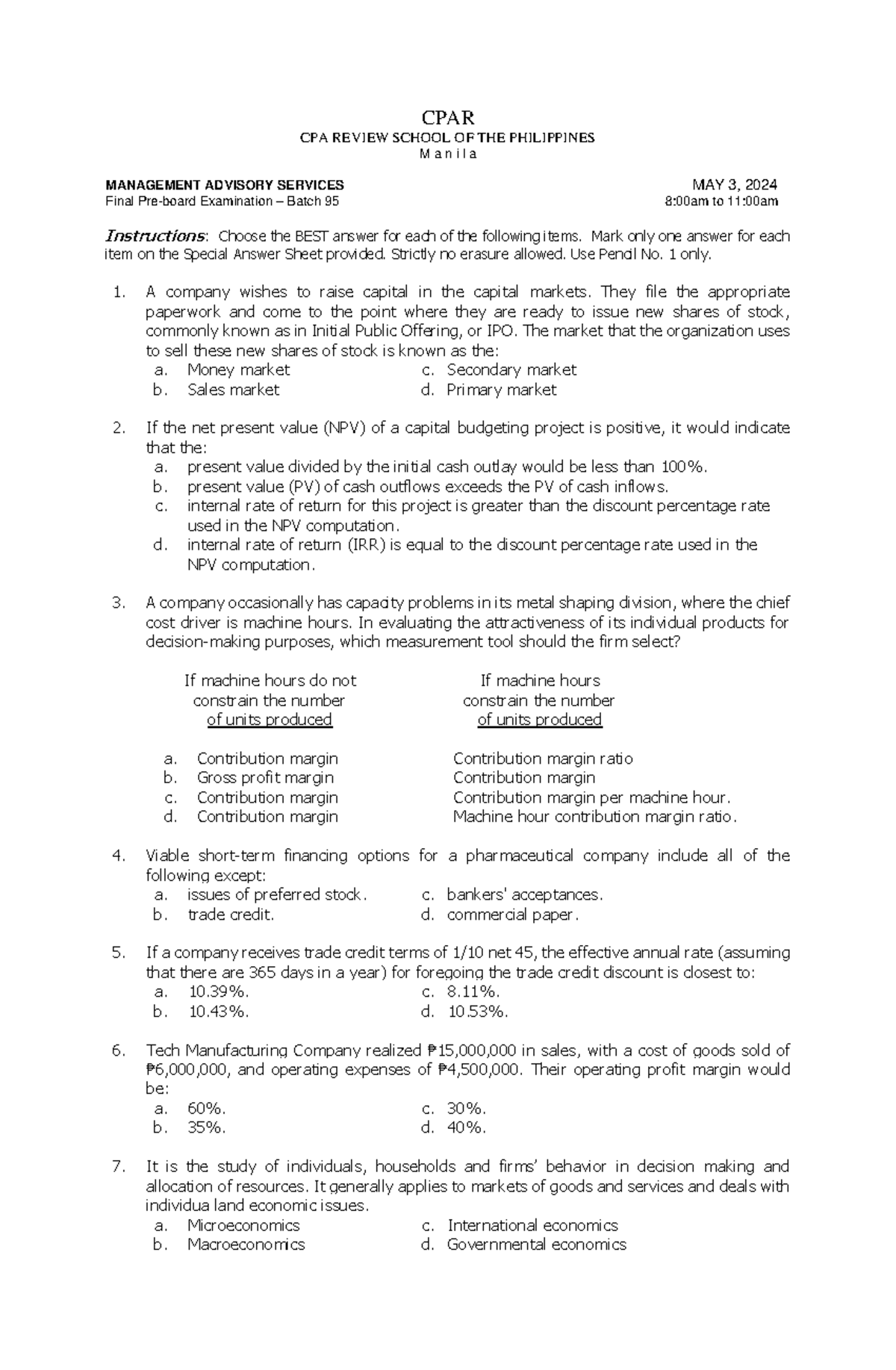 MAS - Final Preboard Examination CPA 2024: Batch 9 - Studocu