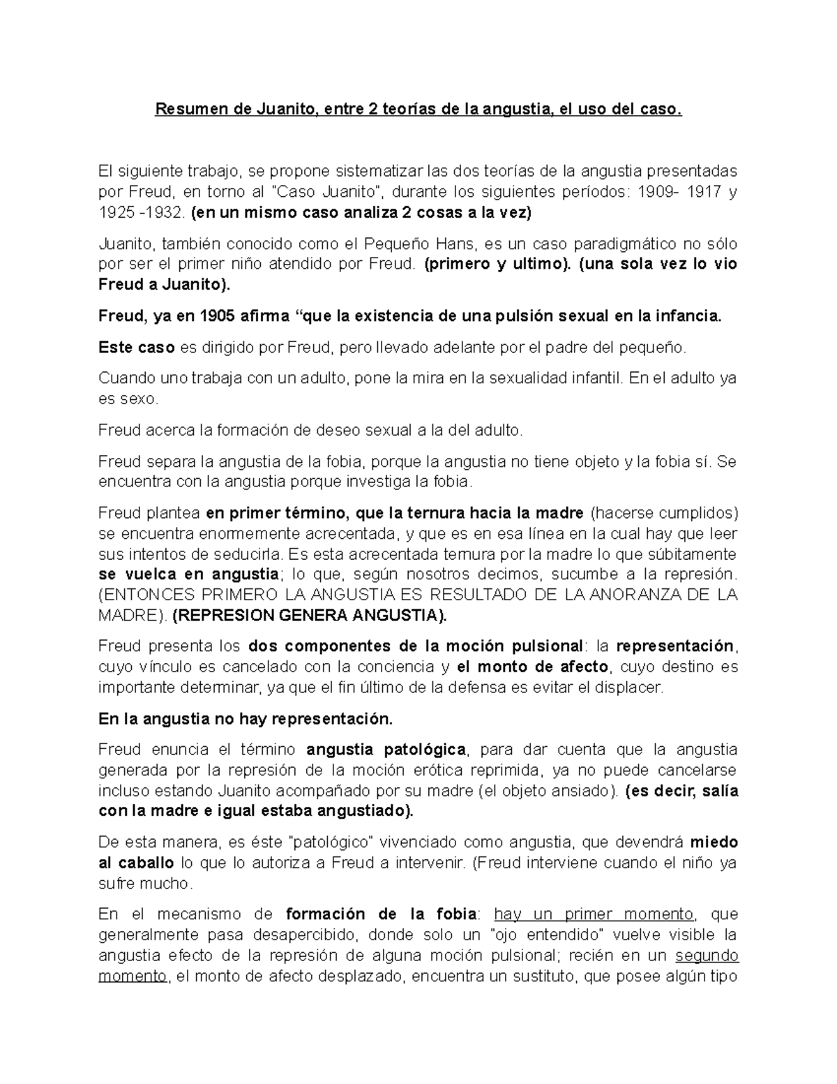 Resumen del Caso Juanito: Teorías de la Angustia en Psicoanálisis II ...