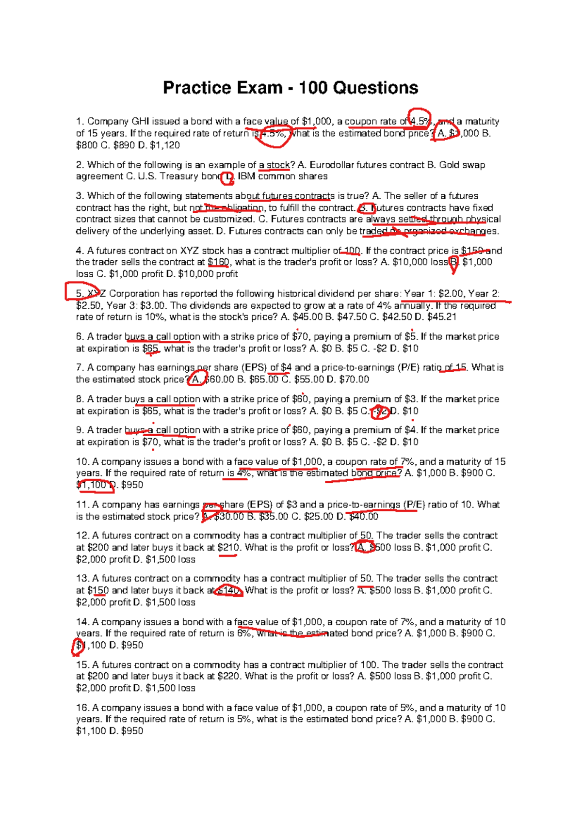 Practice Exam: 100 Questions on Bonds, Stocks, and Futures - Studocu