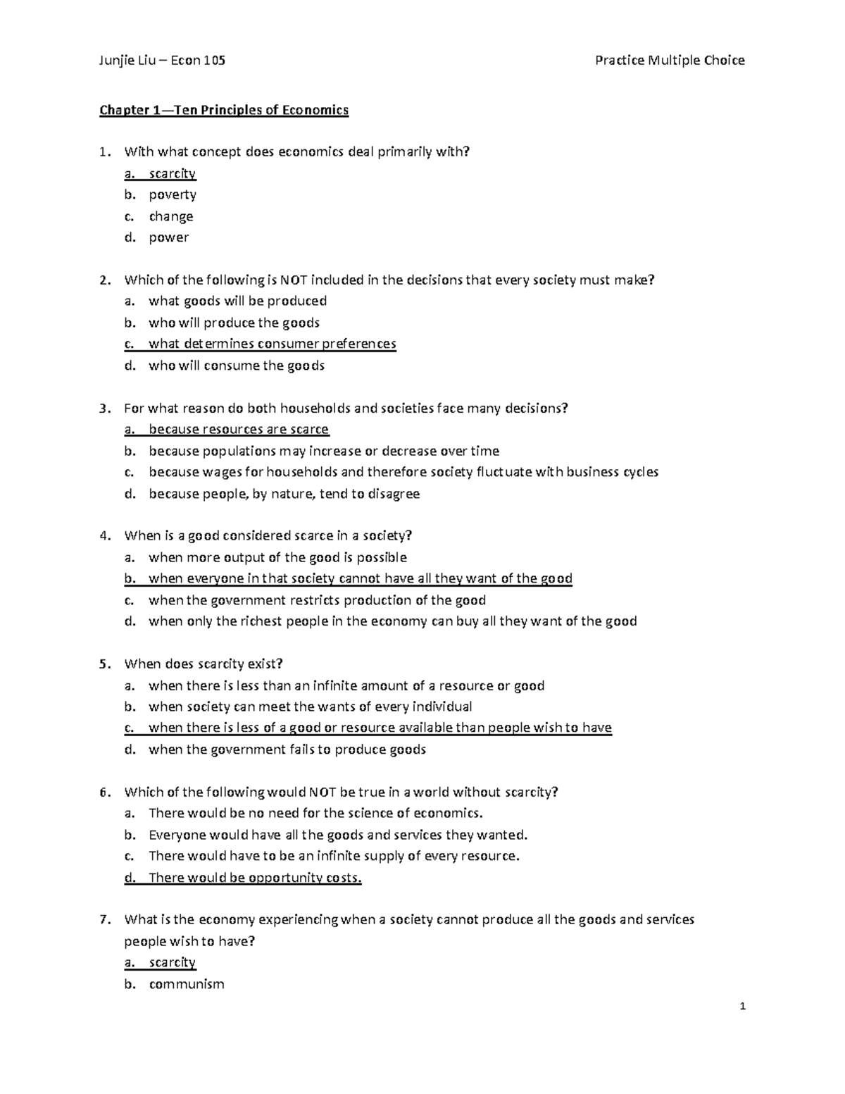Practice Multiple Choice Chapter 1 Ten P - Micro Economics - Studocu