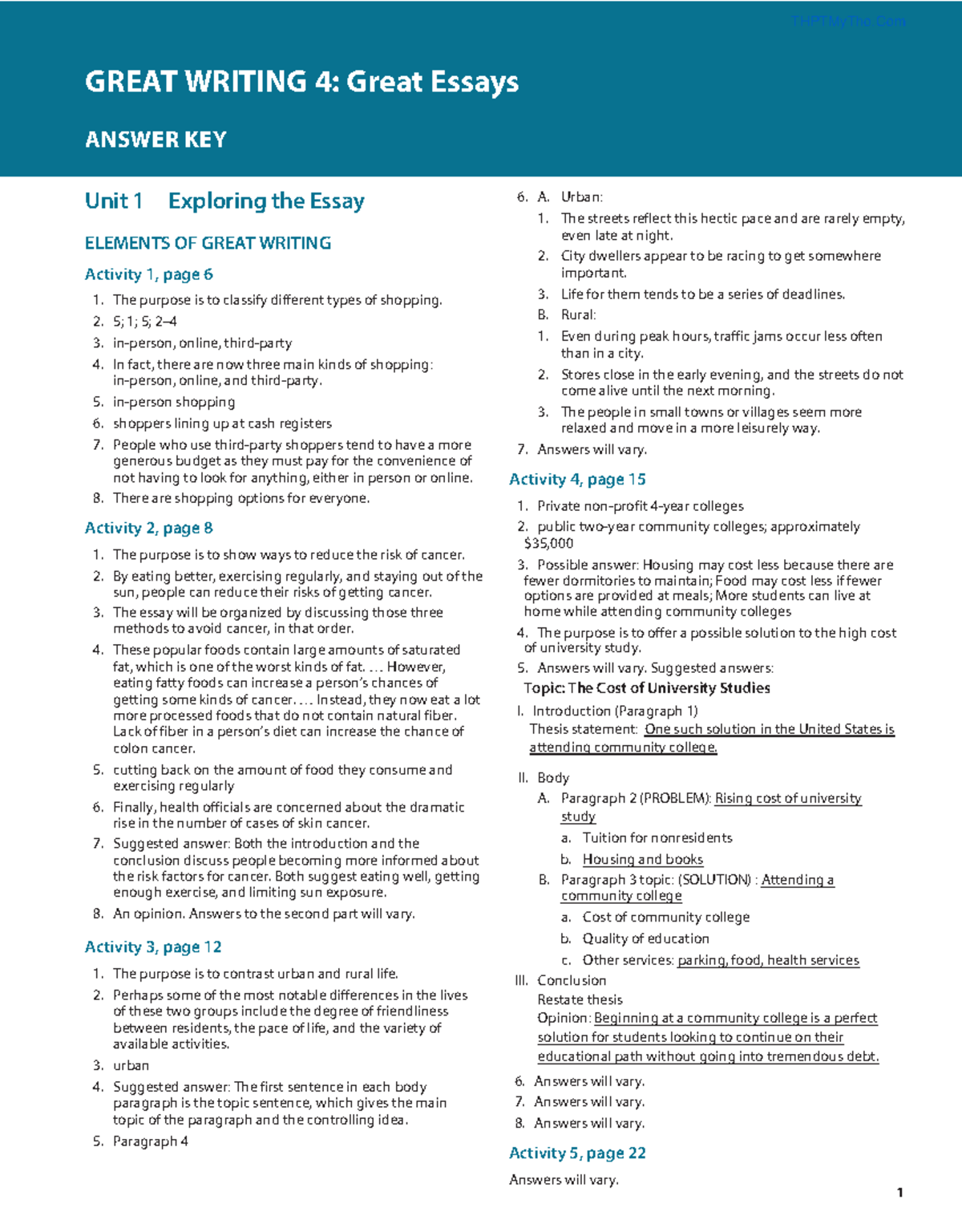 THPTMyTho.Com Great Writing 4: Great Essays Answer Key - Studocu