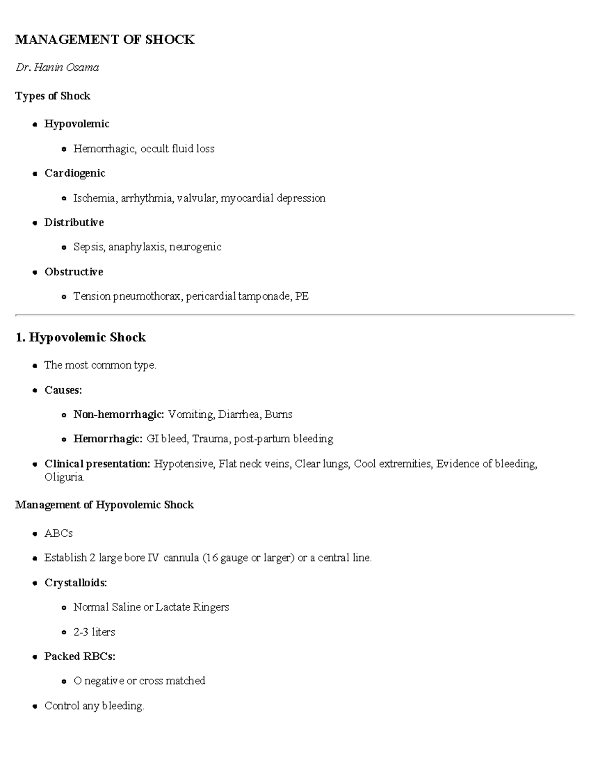 MANAGEMENT OF SHOCK: Types and Treatments Overview - Studocu