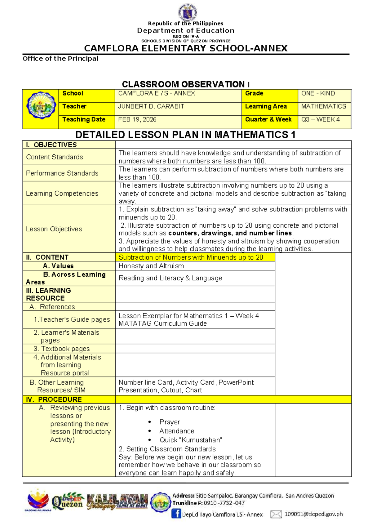 Lesson Plan MATH1 Q3 W4: Subtraction of Numbers (Minuends ≤ 20) - Studocu