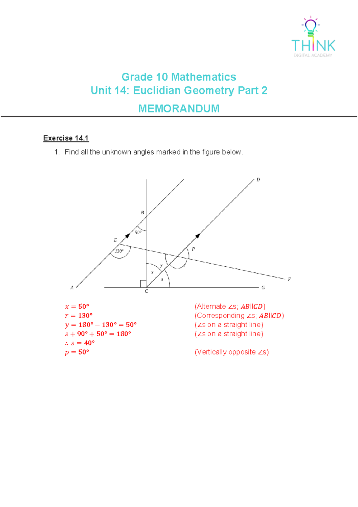 Grade 10 Math Unit 14: Euclidean Geometry Part 2 Memo - Studocu