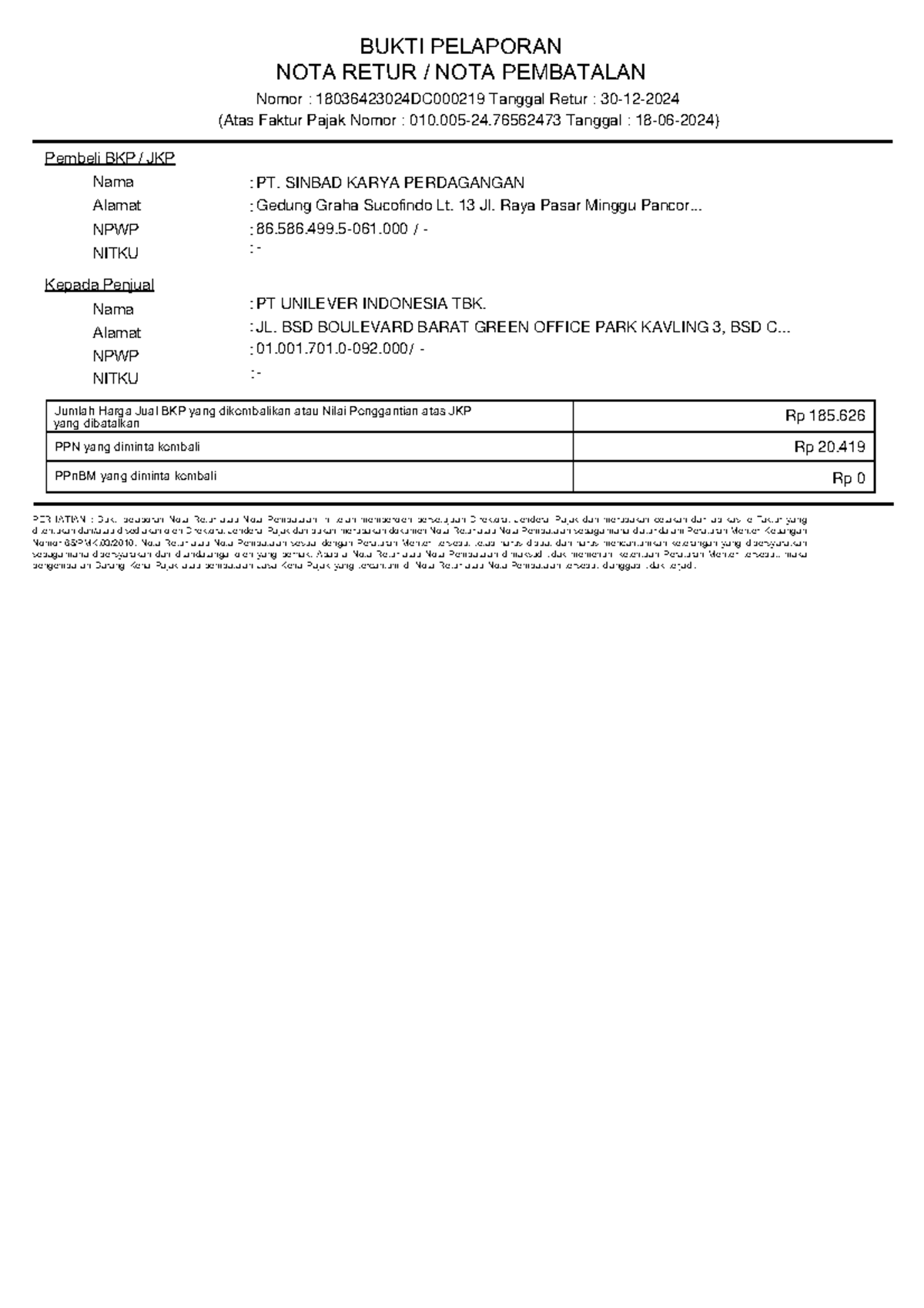Bukti Pelaporan Nota Retur/Pembatalan 18036423024 DC000219 - Studocu