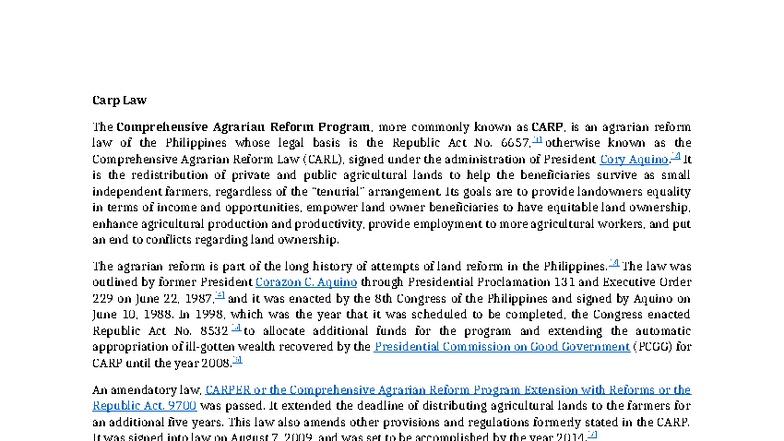 CARP Law: Overview of the Comprehensive Agrarian Reform Program - Studocu