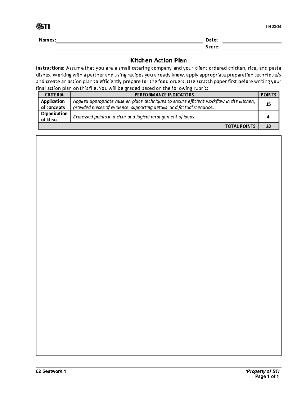 TH2204 Kitchen Action Plan for Catering Orders: Seatwork 1 - Studocu