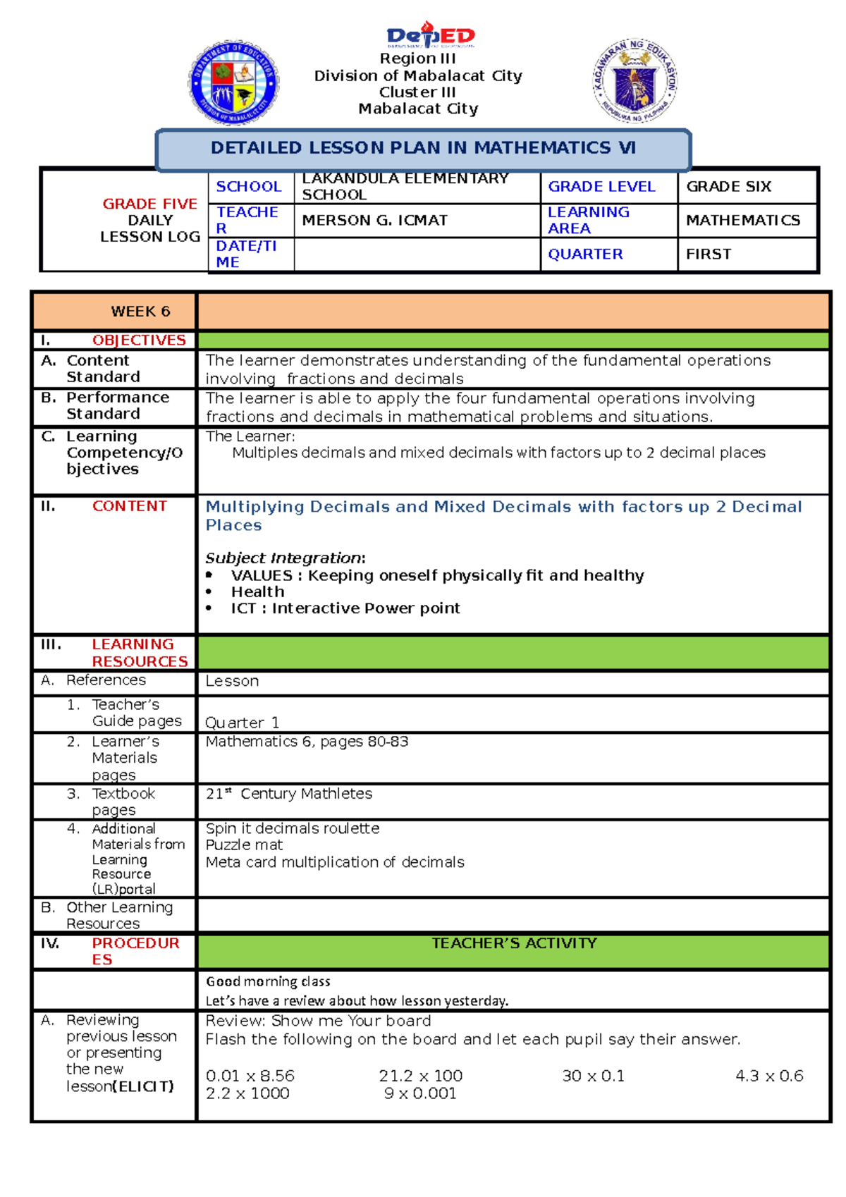 MATH DLP: Daily Lesson Plan on Multiplying Decimals for Grade 5 - Studocu
