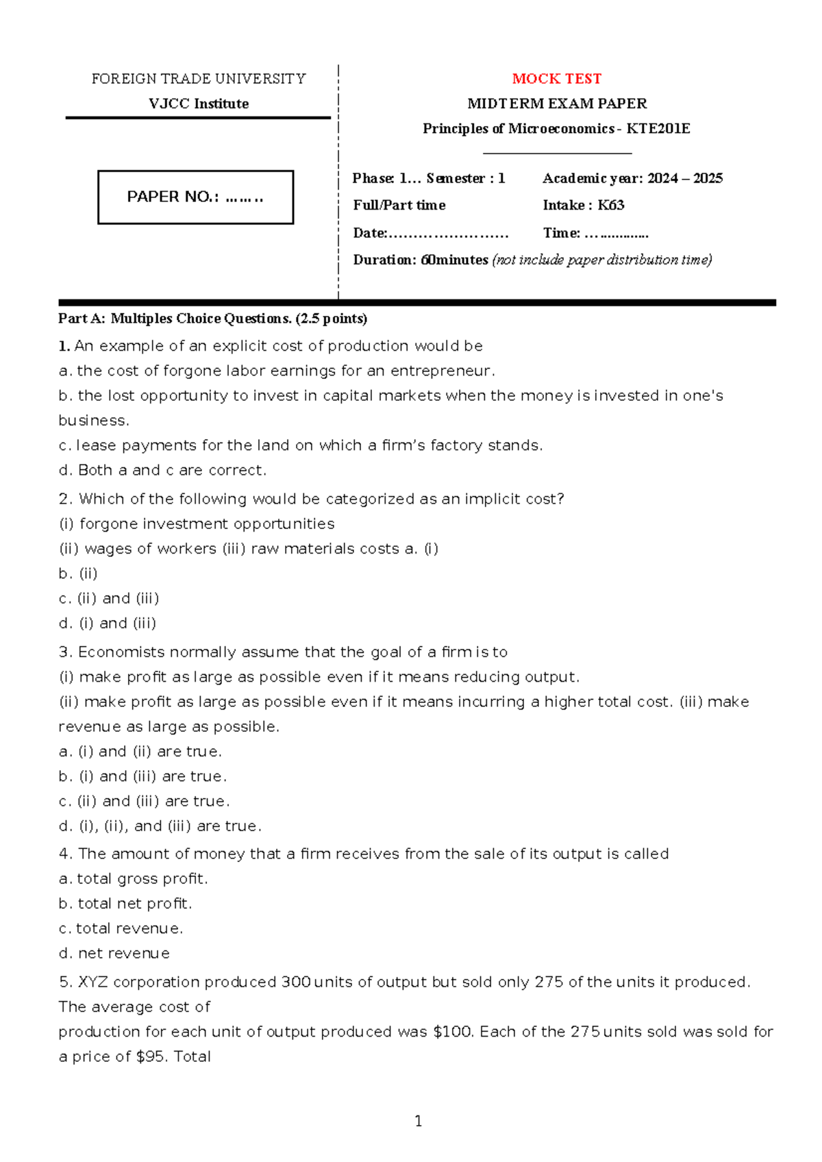 Mock Test for 2nd Midterm - Principles of Microeconomics KTE201E - Studocu