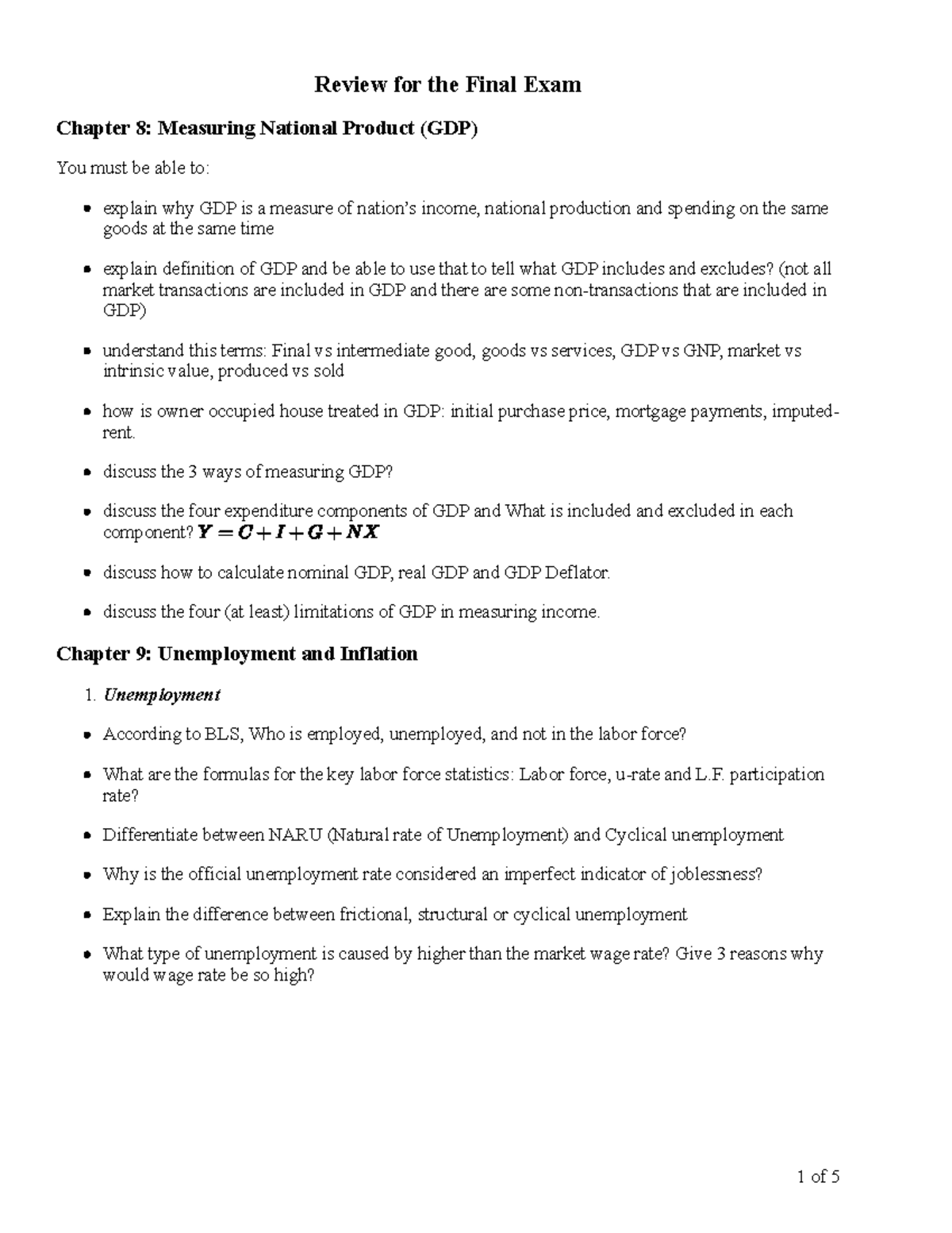 Study Guide for ECON 101: Final Exam Review on GDP, Unemployment ...