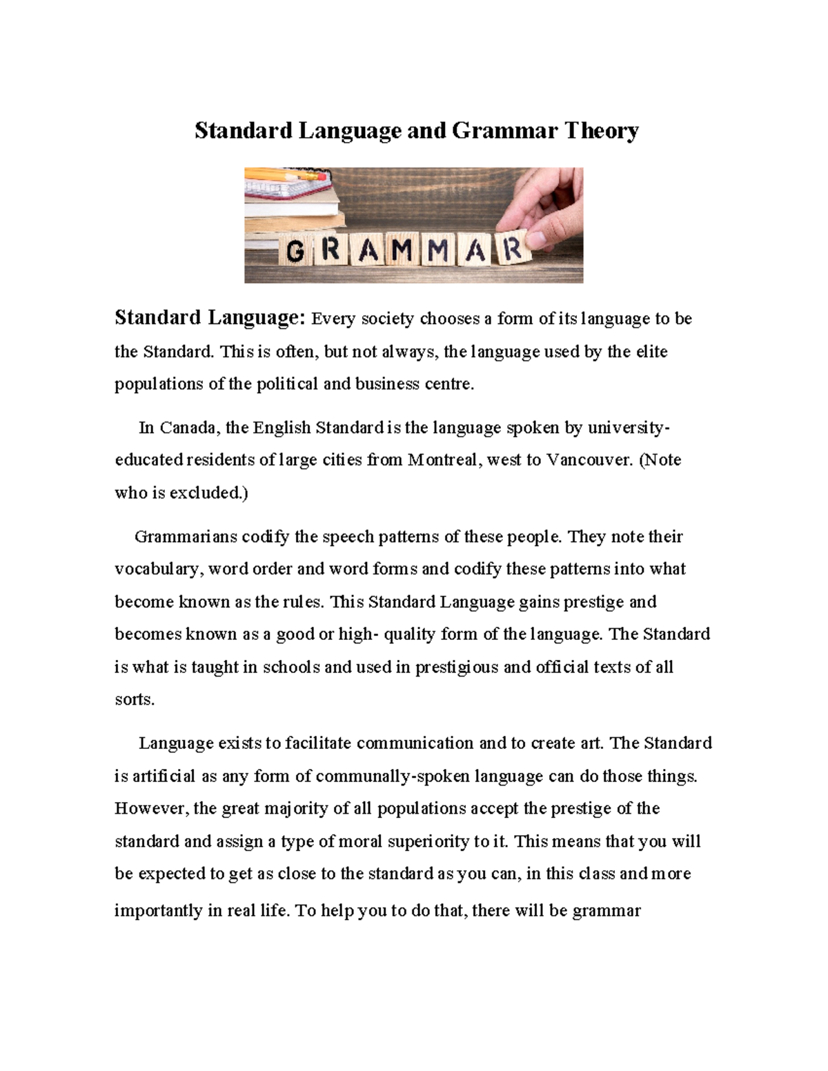 103 Grammar Theory - Standard Language and Grammar Theory Standard ...