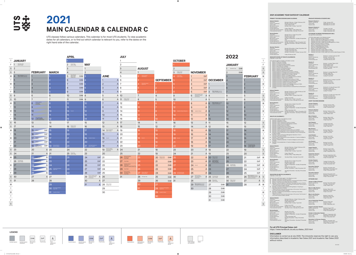 UTS Wall Planner 2021 F21 - 2021 UTS classes follow various calendars ...