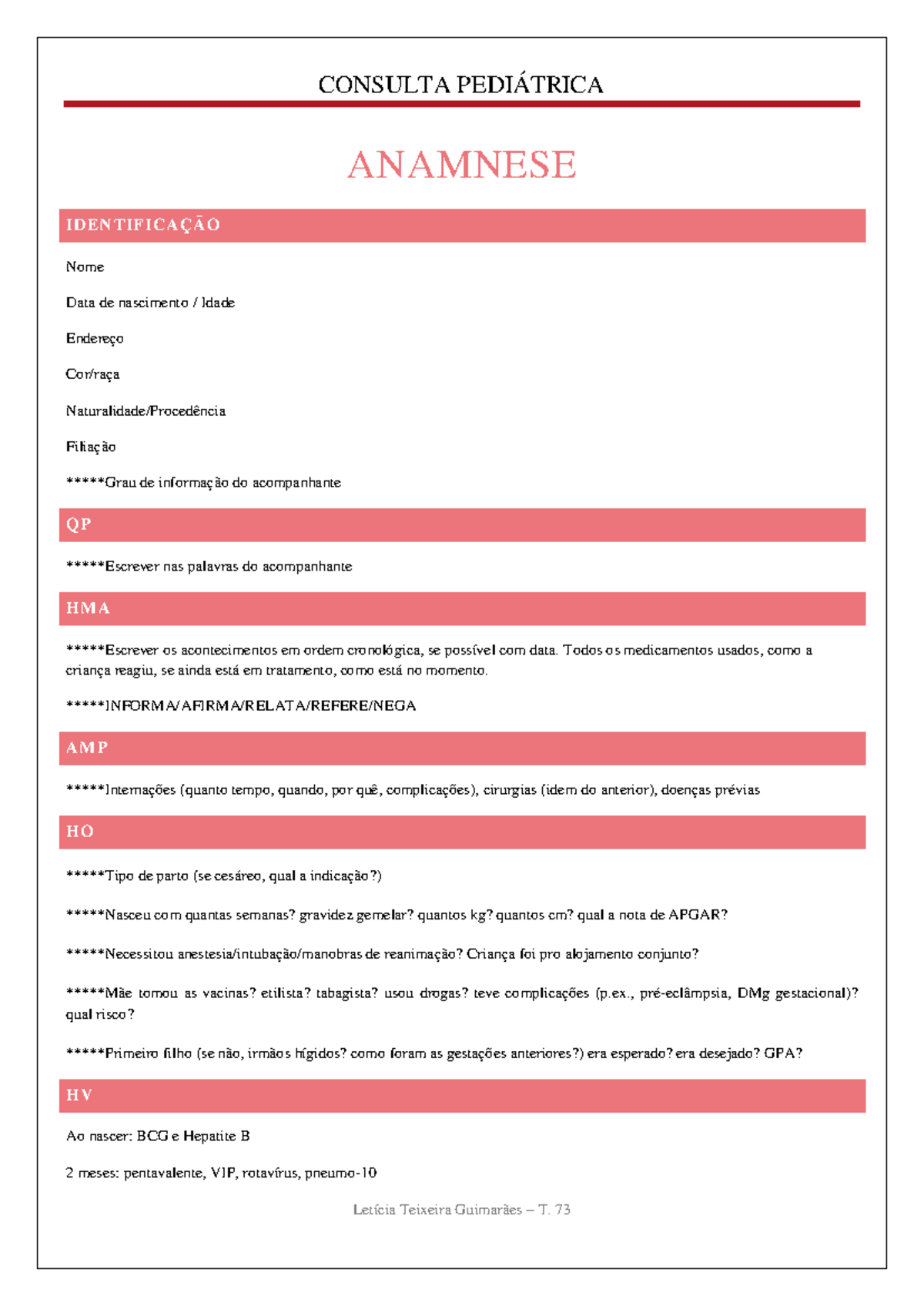 Modelo de Anamnese Pediátrica Normal para Avaliação de Saúde Infantil - Document Preview