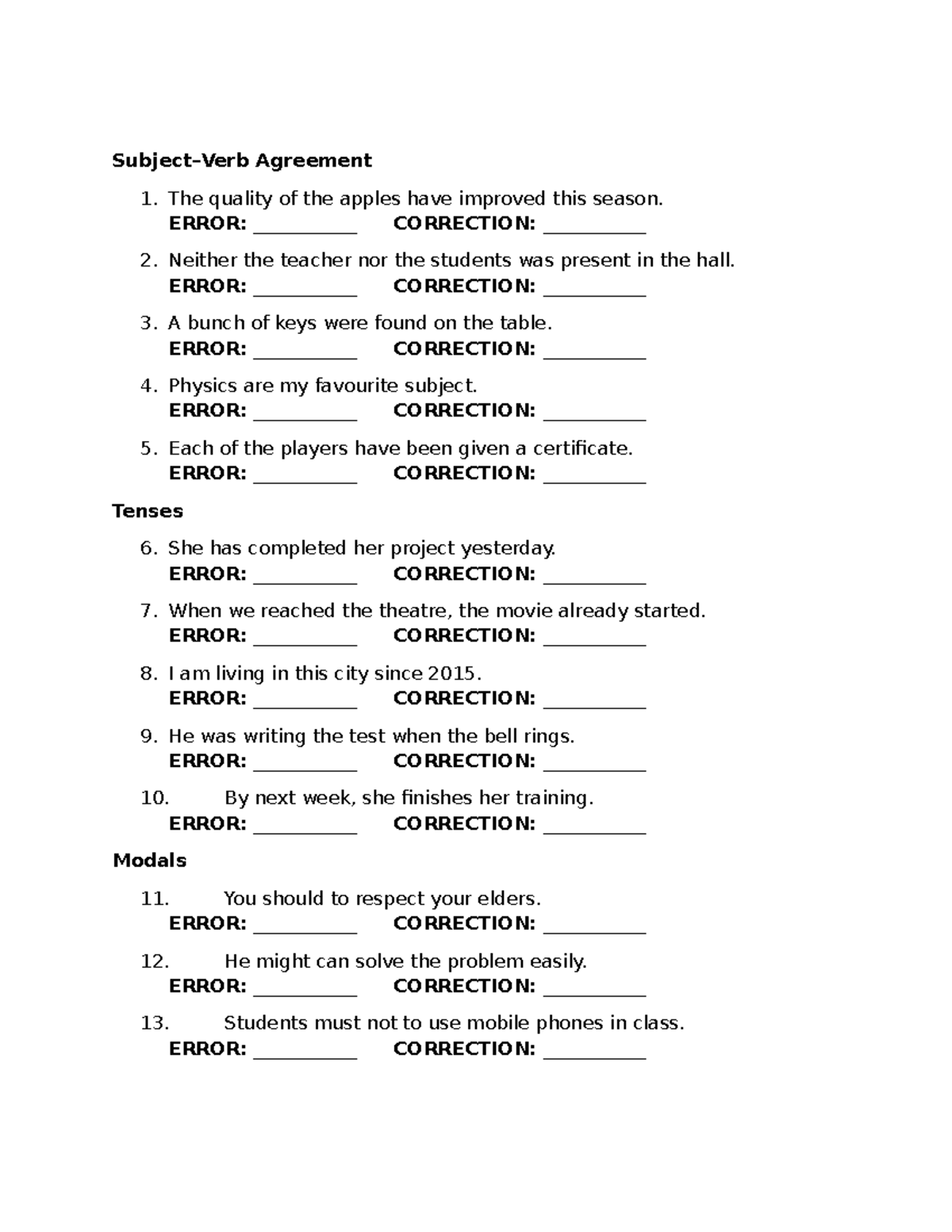 G-10 Grammar Error Correction Worksheet (25-26) - Studocu