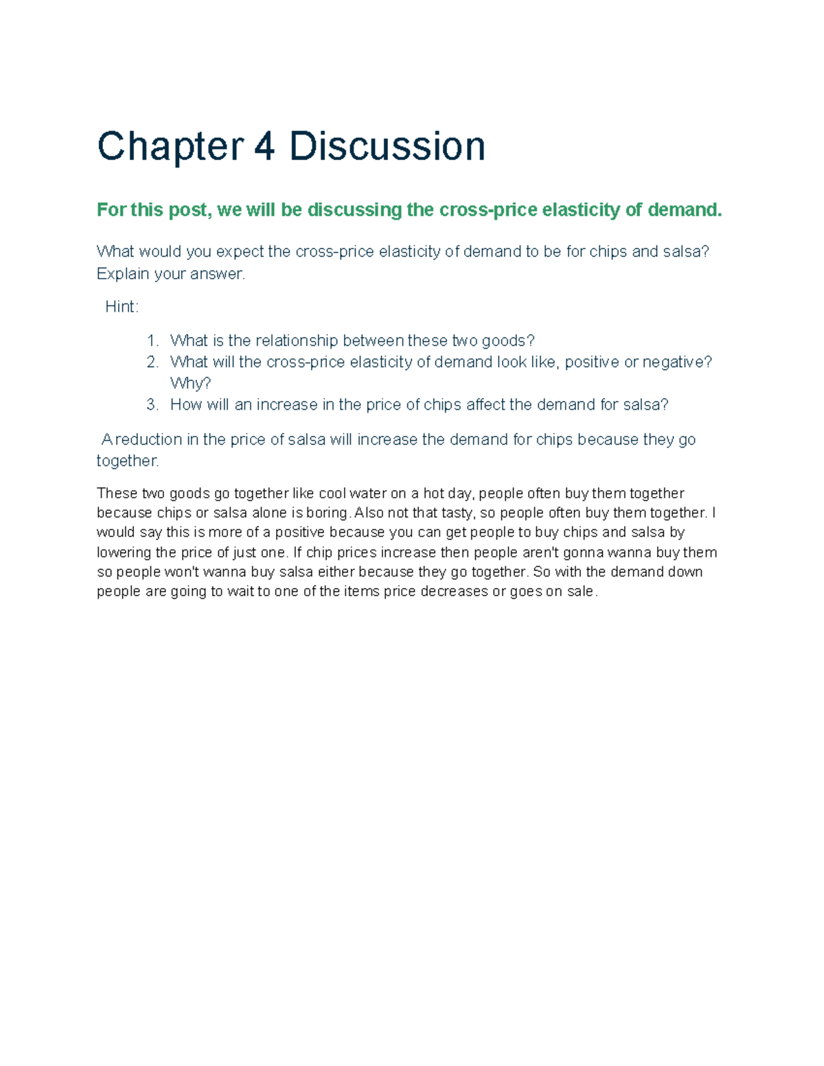 ECON 101: Chapter 4 Discussion on Cross-Price Elasticity of Demand ...