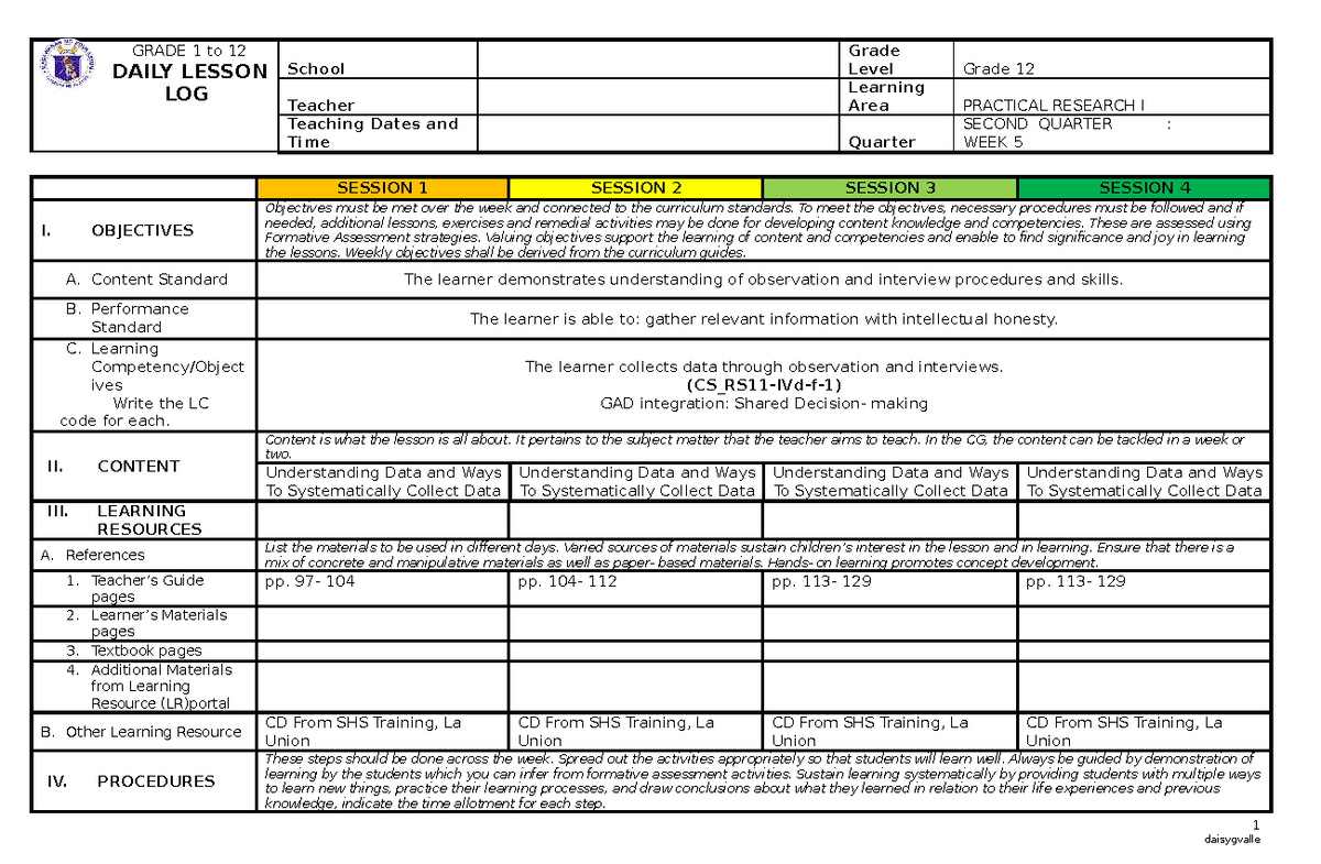 Practical Research I Lesson Plan: Grade 12 Q2 Week 5 Logs - Studocu
