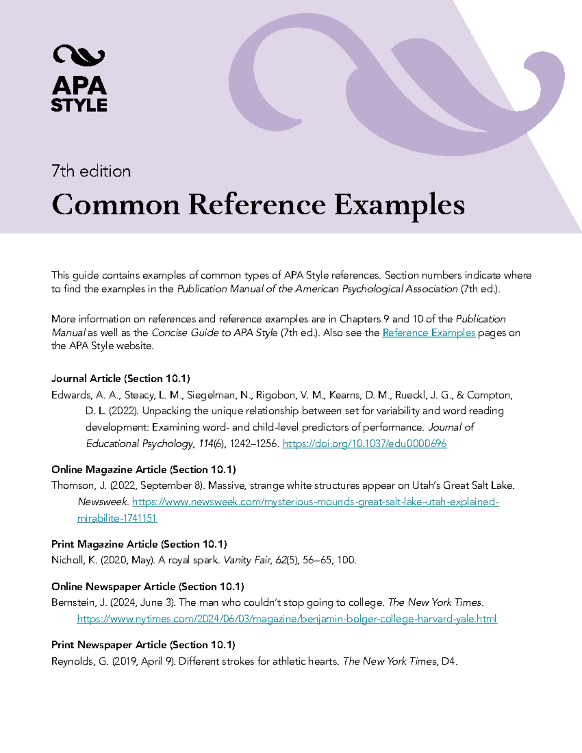 APA 7th Edition Common Reference Examples Guide - Studocu