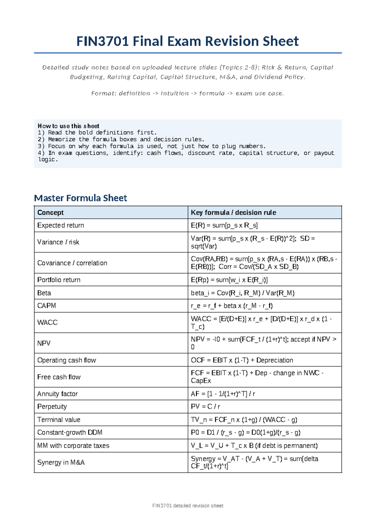 FIN3701 Final Exam Revision Sheet: Key Concepts & Formulas - Studocu