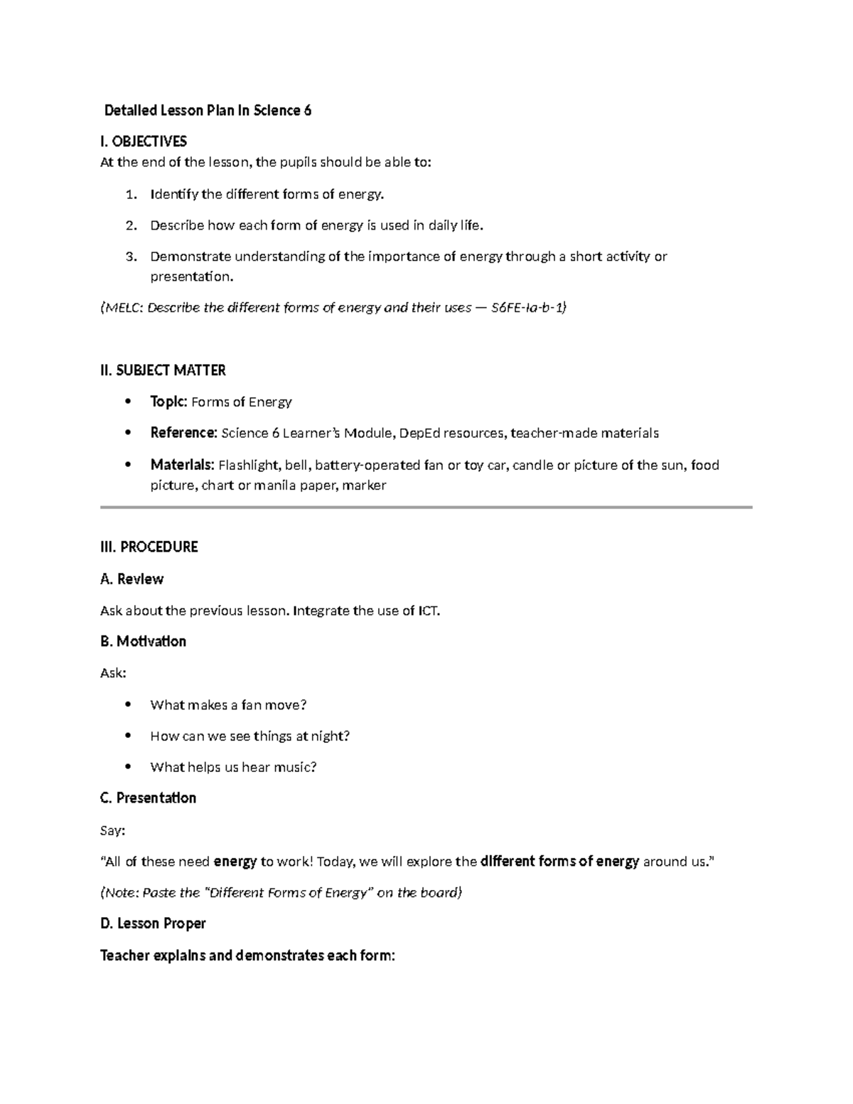 Science 6 Detailed Lesson Plan: Exploring Forms of Energy - Studocu