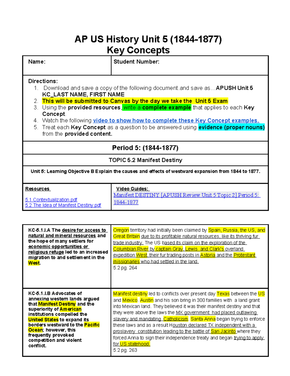APUSH Unit 5 Key Concepts: Manifest Destiny & Civil War Insights - Studocu