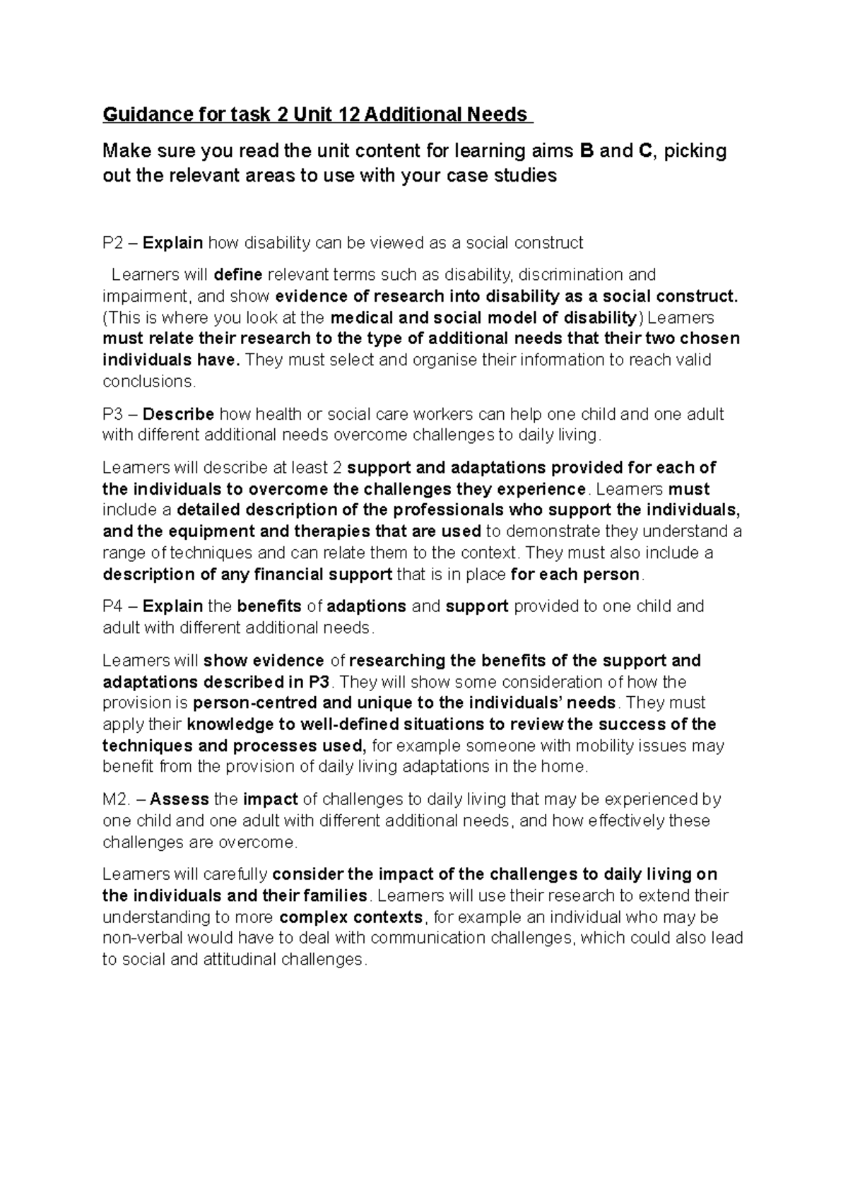 Guidance for task 2 Unit 12 Additional Needs-2 (1) - Guidance for task ...