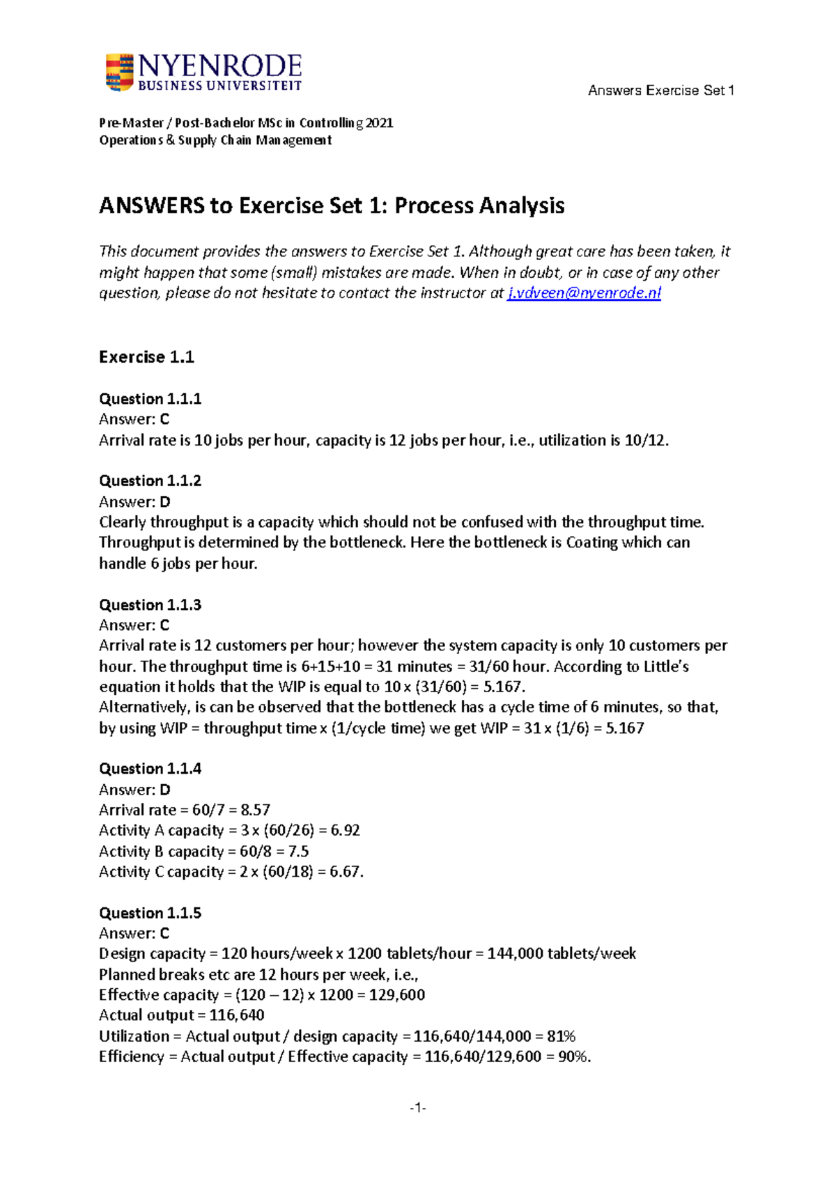 Answers to Exercise Set 1 - Process Analysis (OSCM PMSc C 2021 ...