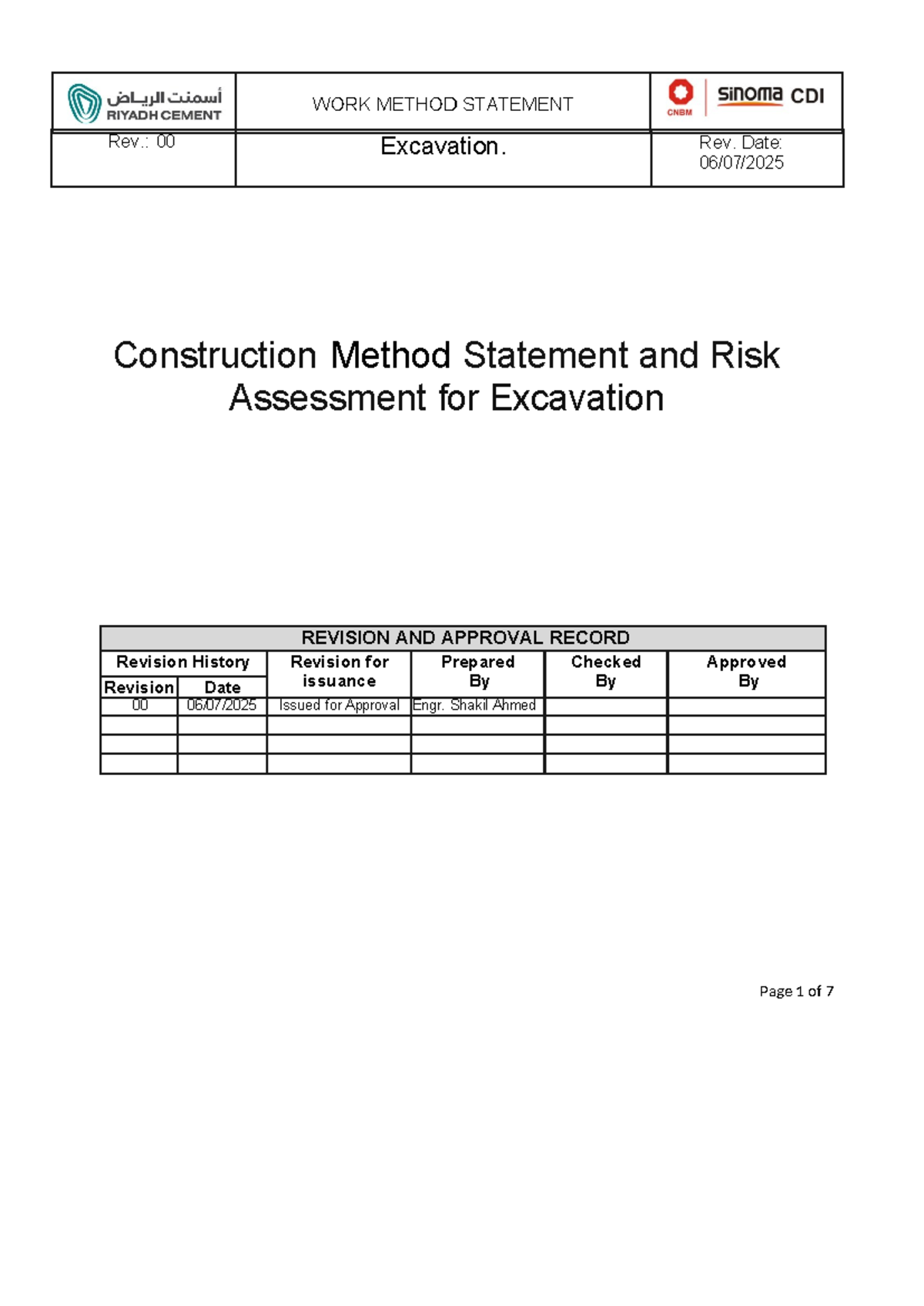 WORK METHOD STATEMENT & RISK ASSESSMENT for Excavation Rev. 00 - Studocu