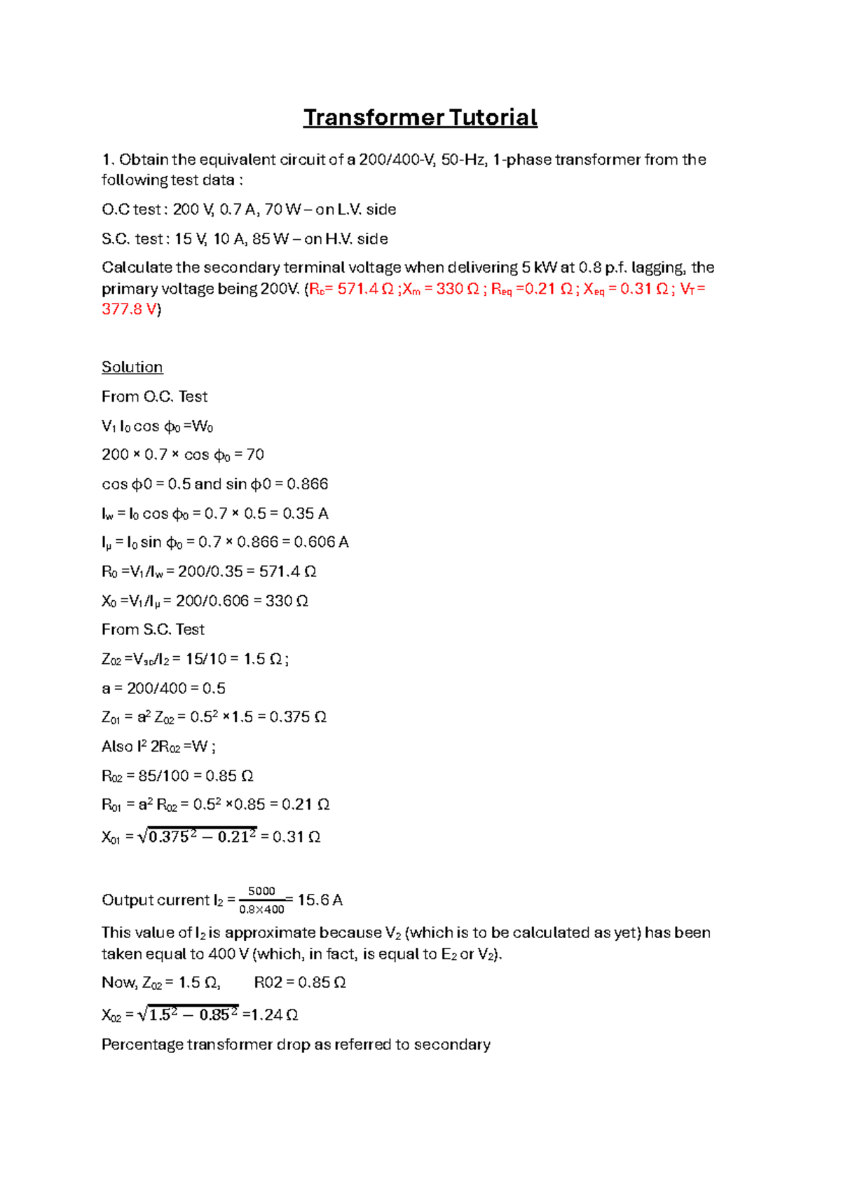 Transformer Tutorial 1: Equivalent Circuit Analysis and Calculations ...