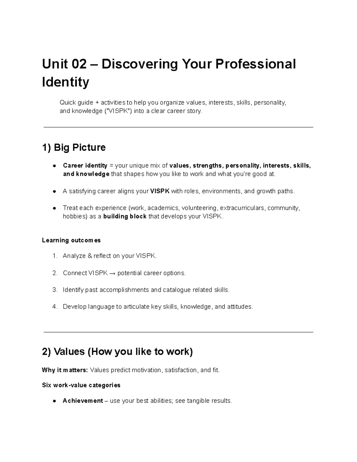 Unit 02 Career Identity Development: A Quick Guide to VISPK - Studocu