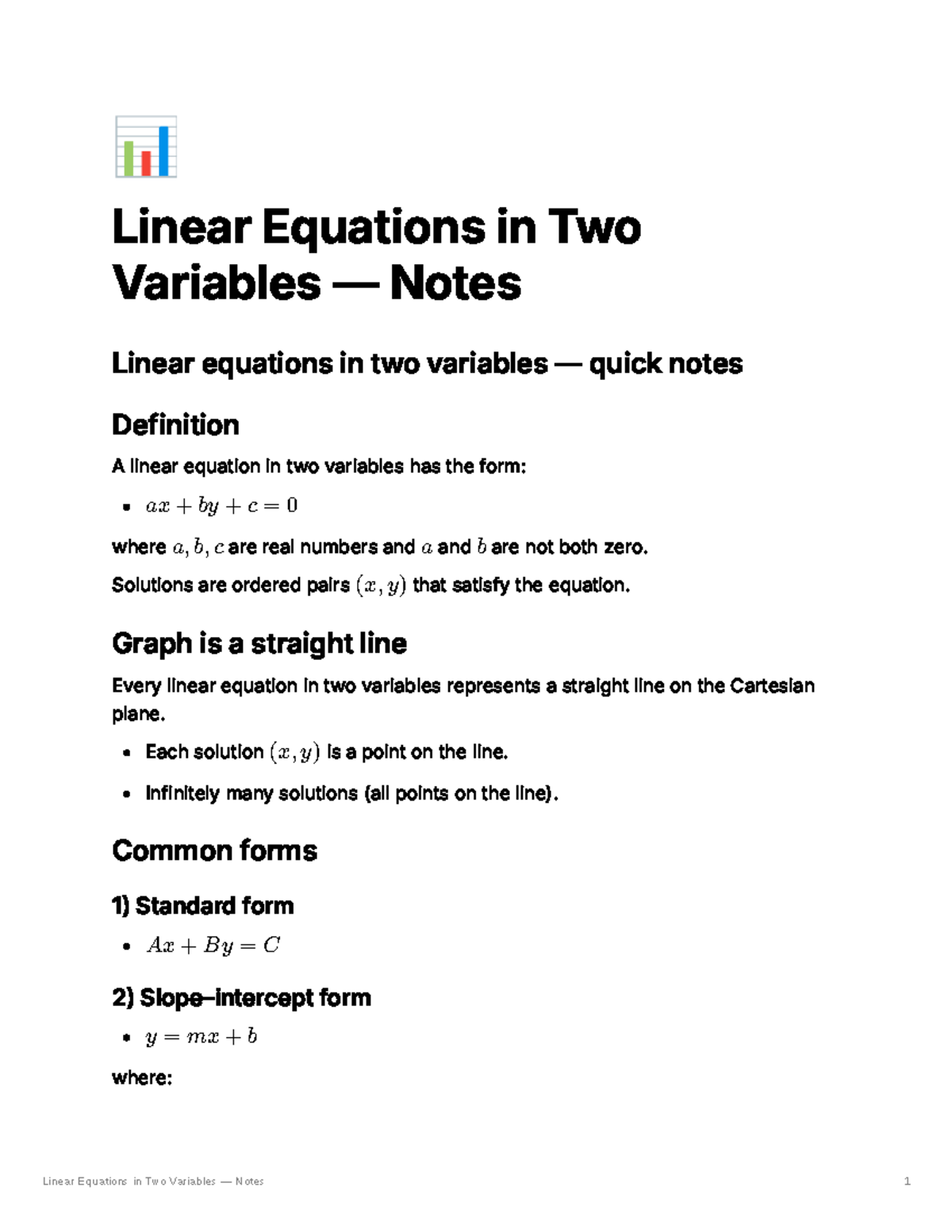 Linear Equations in Two Variables: Quick Study Notes - Studocu