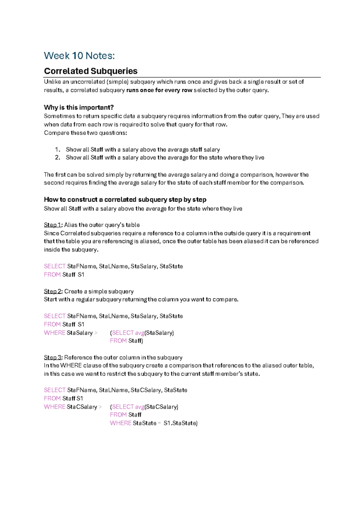 Week 9 Notes: Understanding Uncorrelated Subqueries in SQL - Studocu