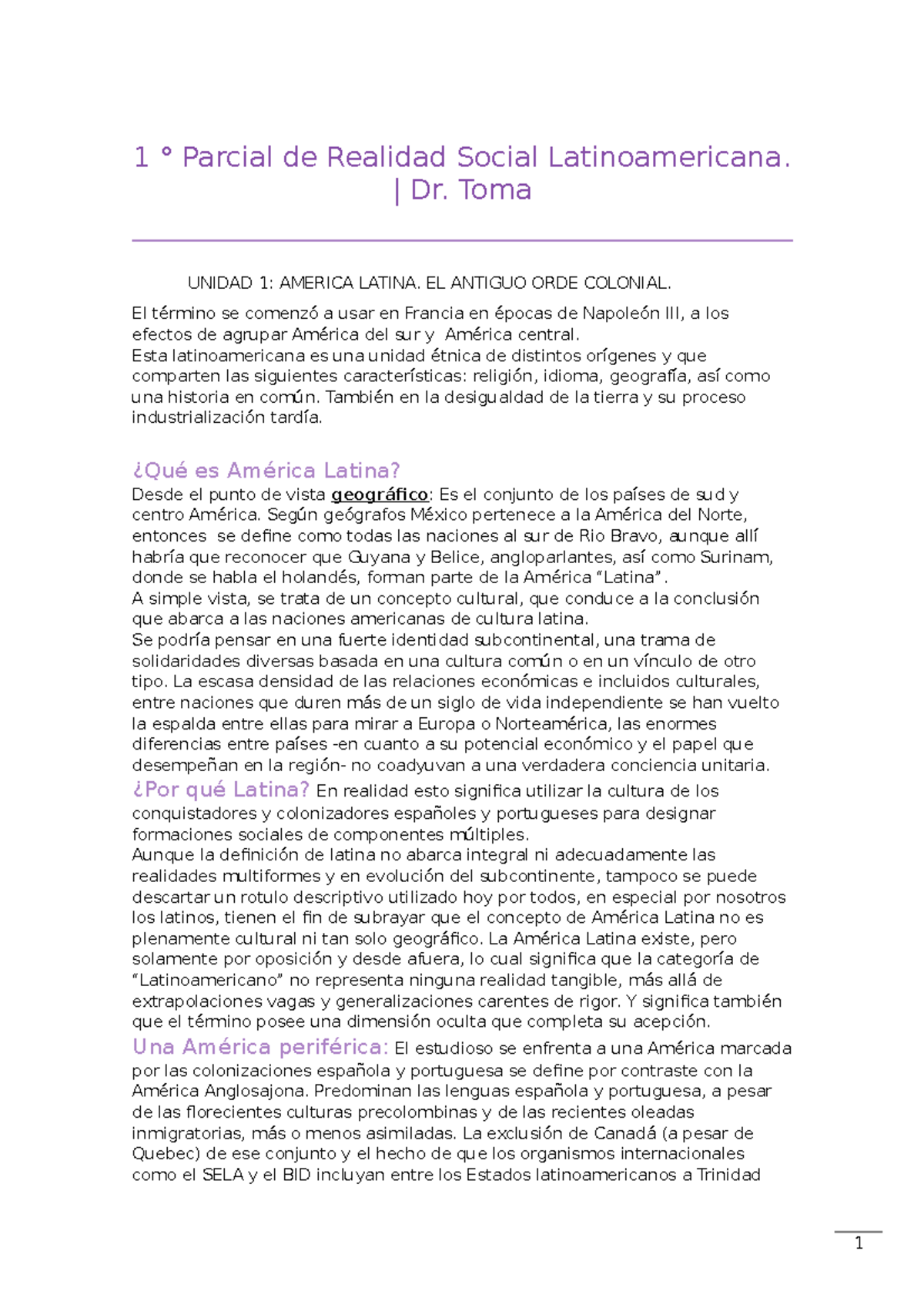 1er parcial de Realidad Social latinoamericana - | Dr. Toma UNIDAD 1 ...