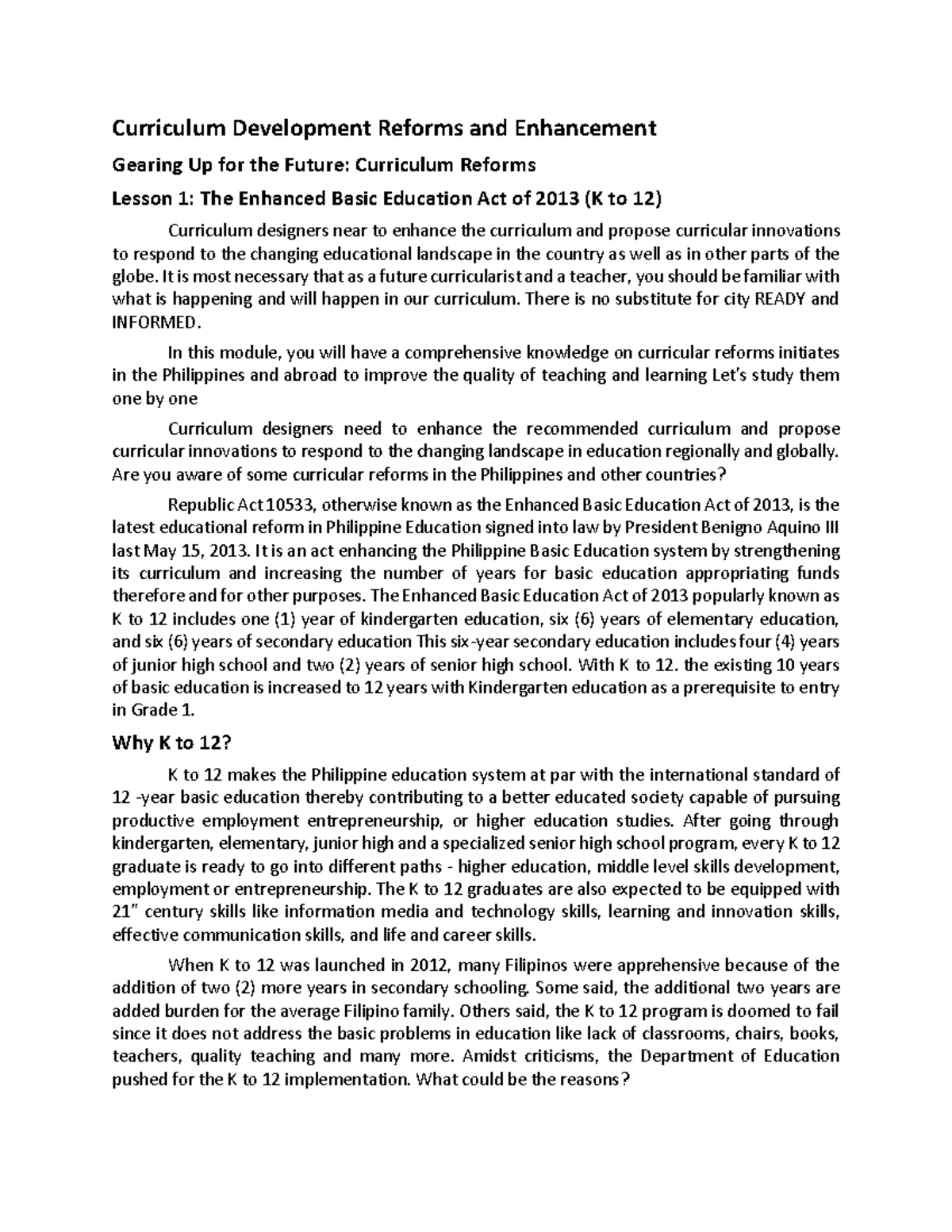 K to 12 Curriculum Reforms: Lesson 1 on Enhanced Basic Education Act ...