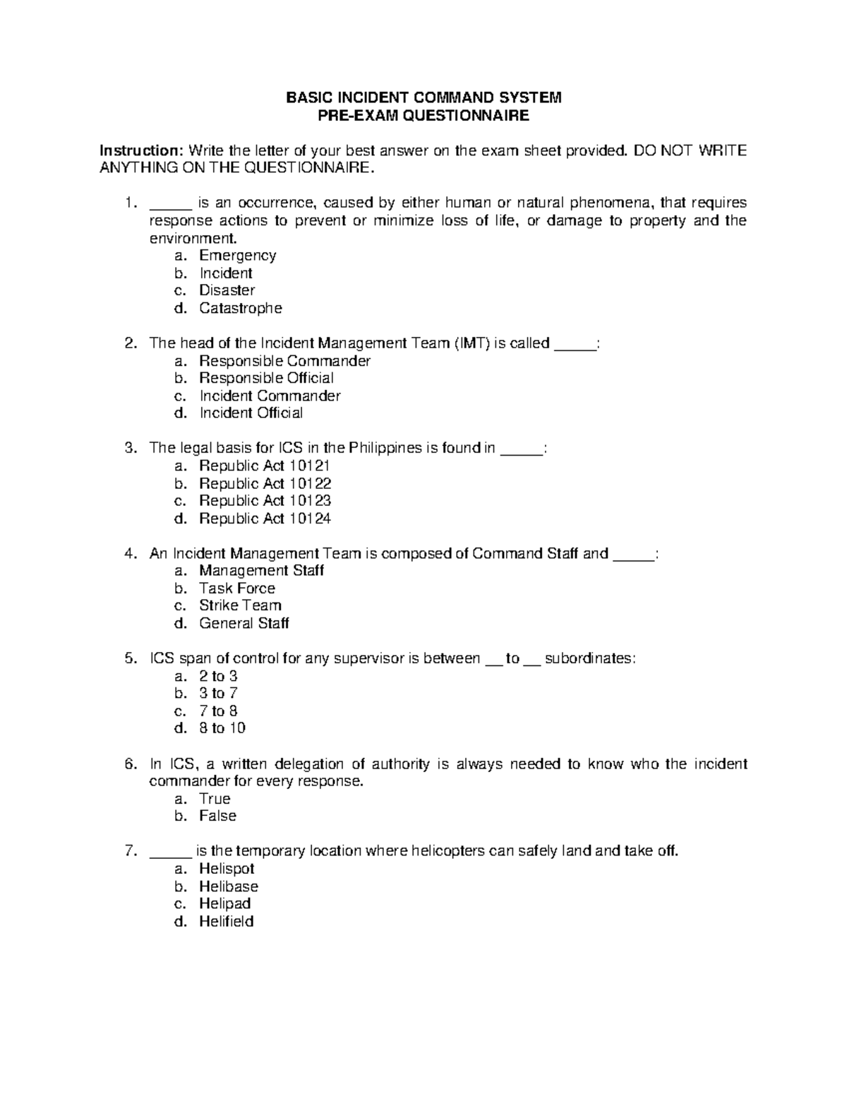 BASIC INCIDENT COMMAND SYSTEM PRE-EXAM QUESTIONNAIRE - Studocu