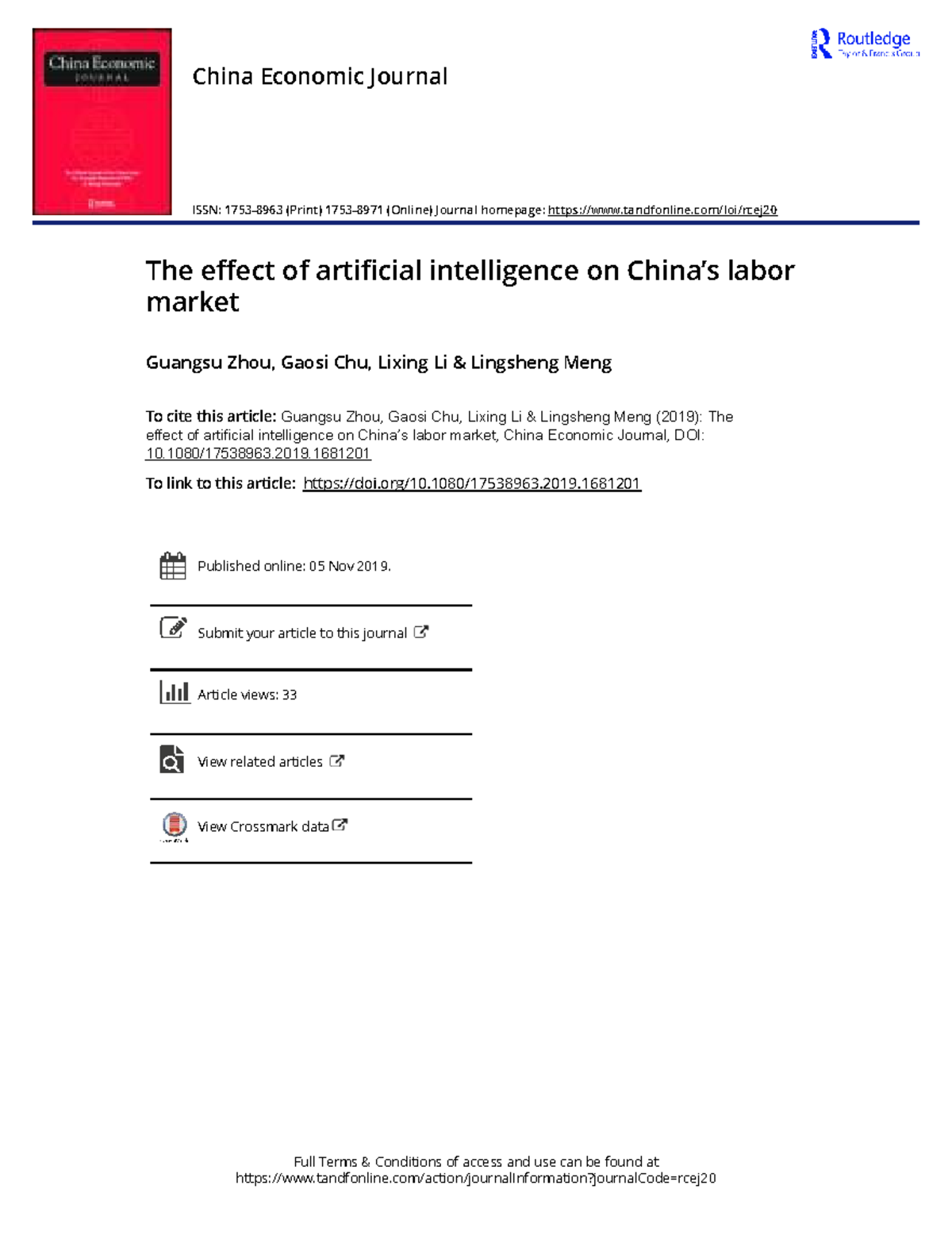 The Impact of AI on China's Labor Market: A Study (Zhou2019) - Studocu