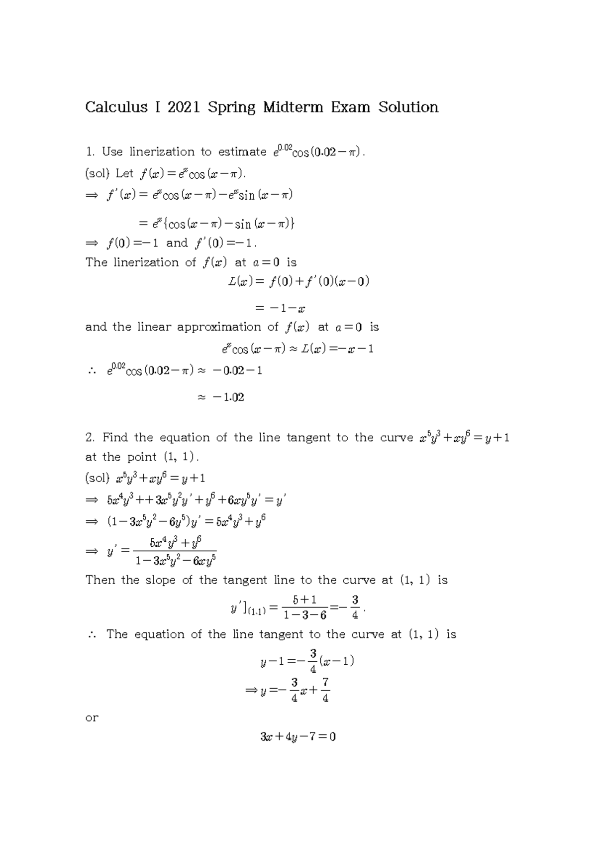 Calculus I 2021 Spring Midterm Exam Solutions and Detailed Explanations ...