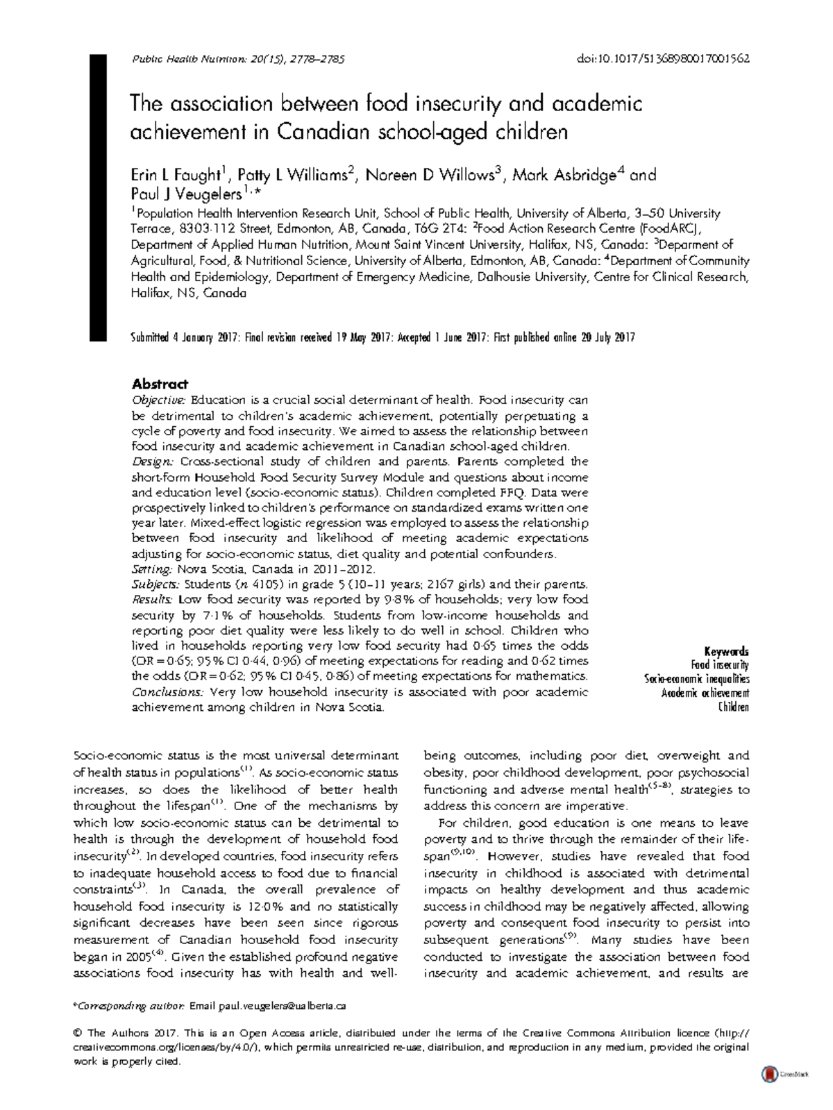 The Association Between Food Insecurity and Academic Achievement in ...