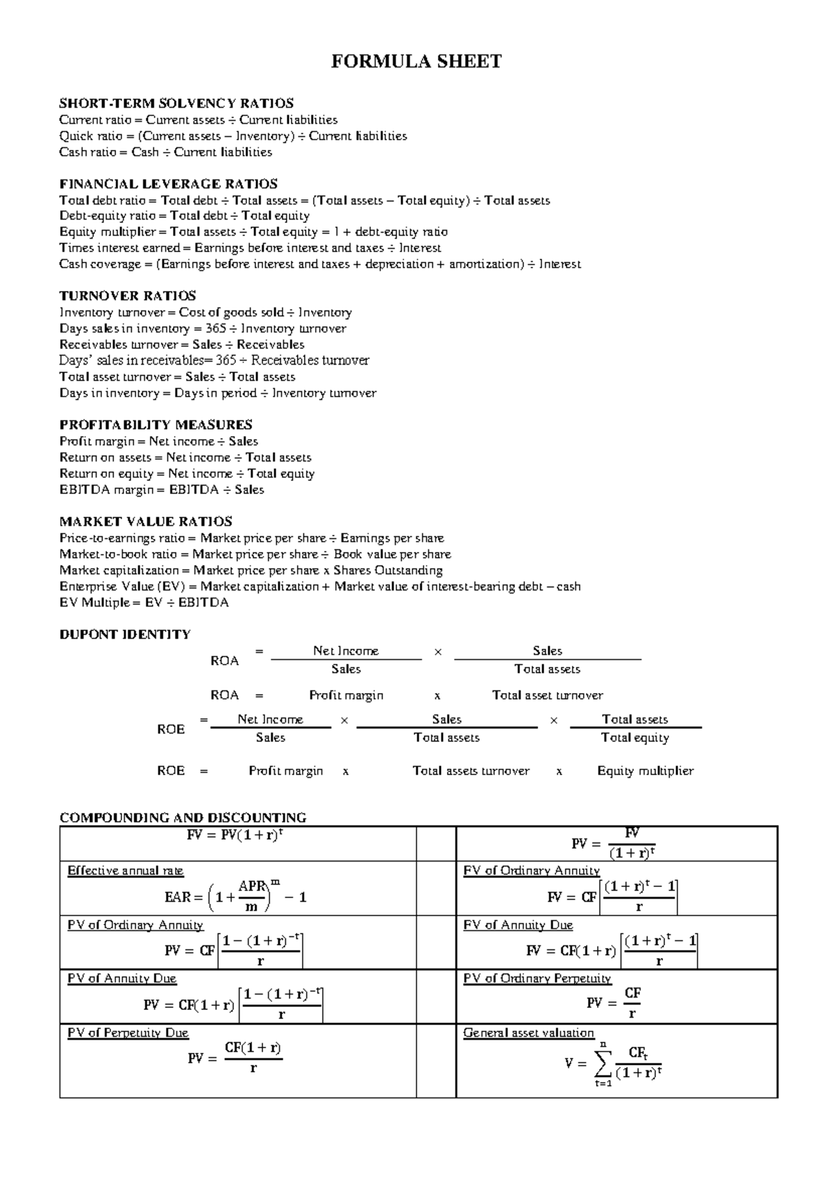 Corporate Finance Formula Sheet - Key Ratios and Calculations - Studocu