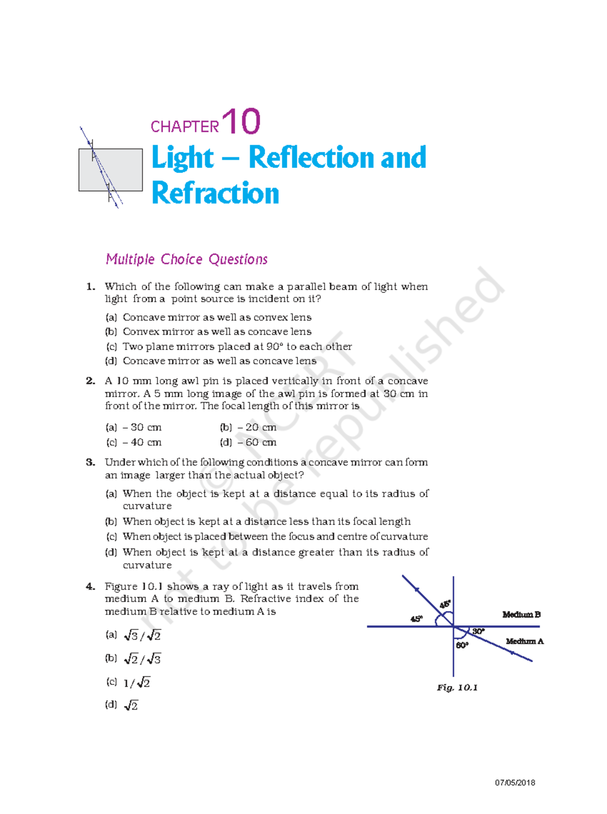 CHAPTER 10 Light Reflection & Refraction MCQs and Short Answers - Studocu