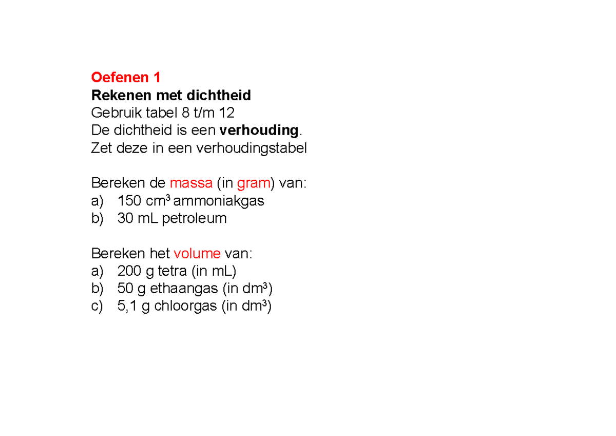 4V H4 Oefenen 1 Rekenen met dichtheid - Scheikunde - Oefenen 1 Rekenen