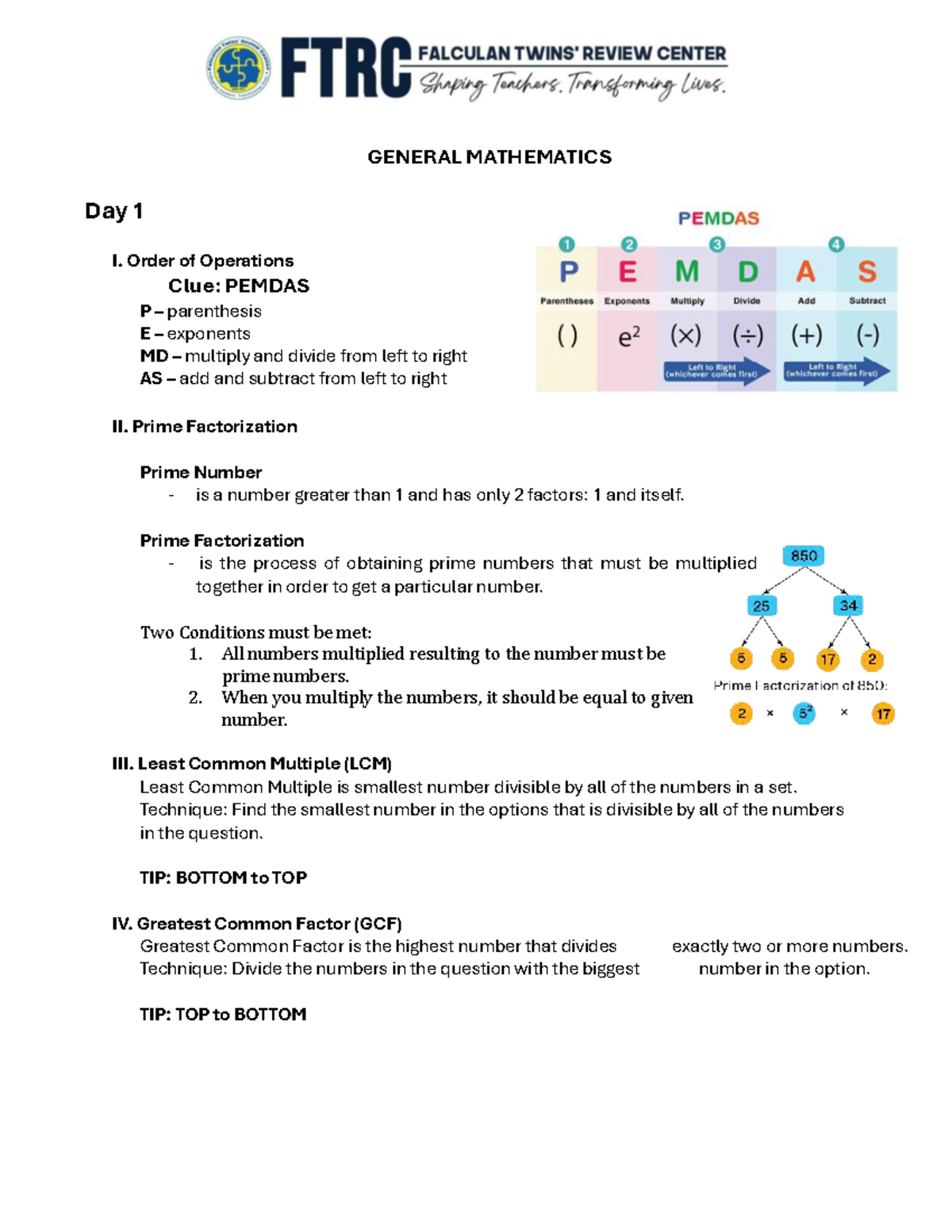 General Mathematics Handouts for UM: Concepts & Formulas - Studocu