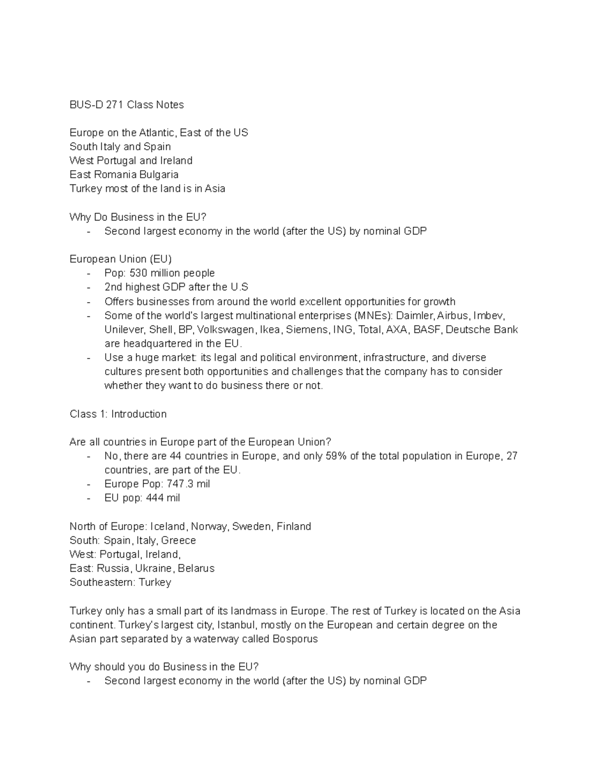 BUS-D 271 Pre Midterm Study Notes on EU Business Opportunities - Studocu