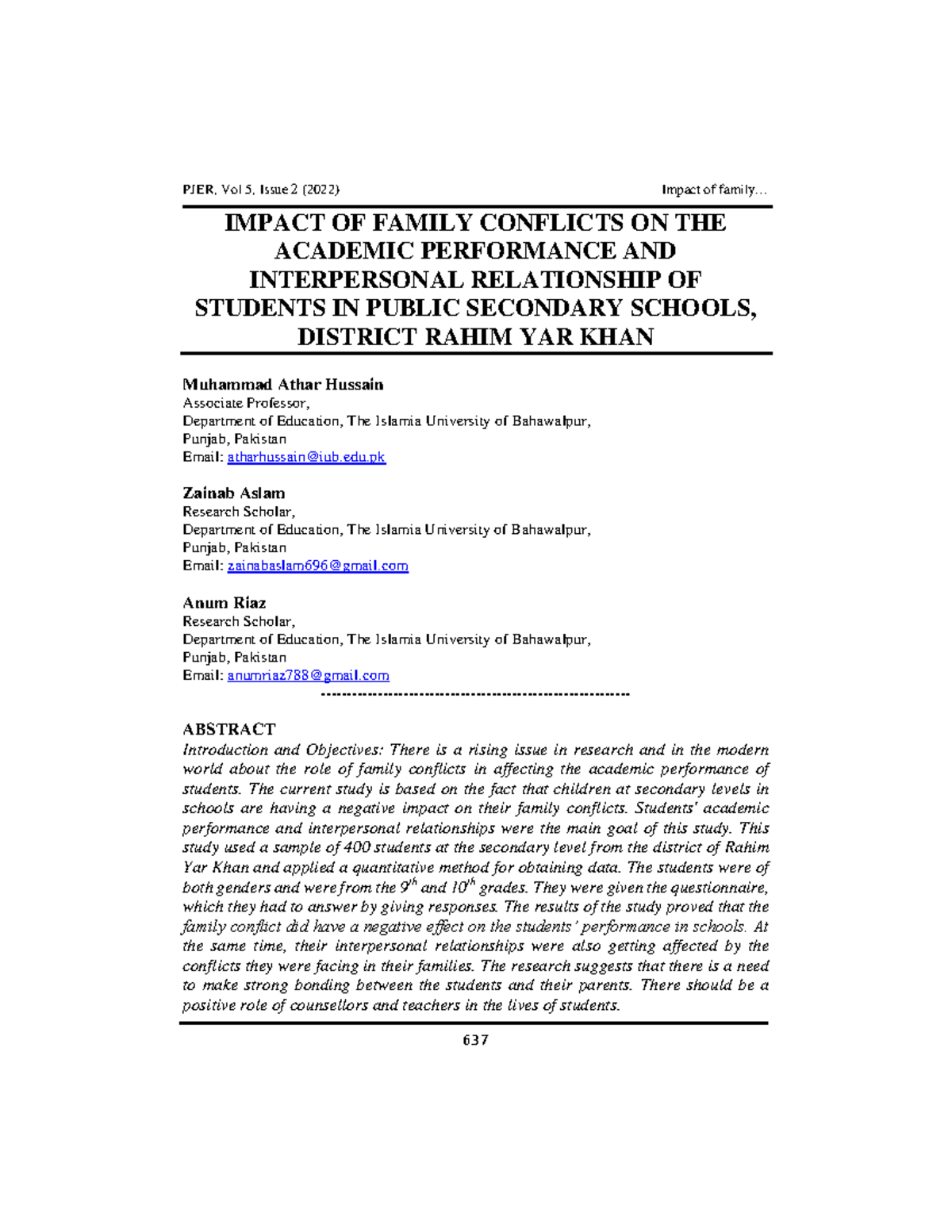 Impact of Family Conflicts on Students' Academic Performance and ...