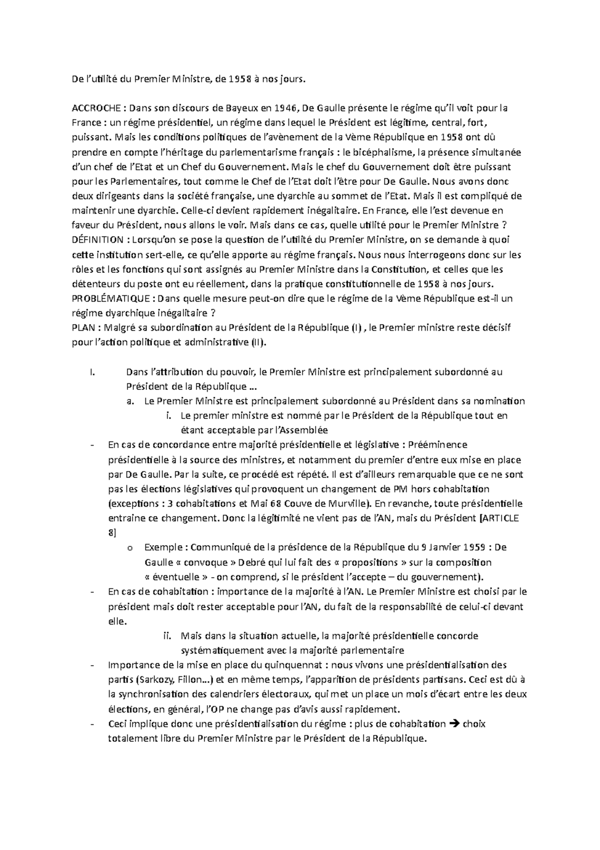 Analyse de l'Utilité du Premier Ministre sous la Vème République (Plan ...
