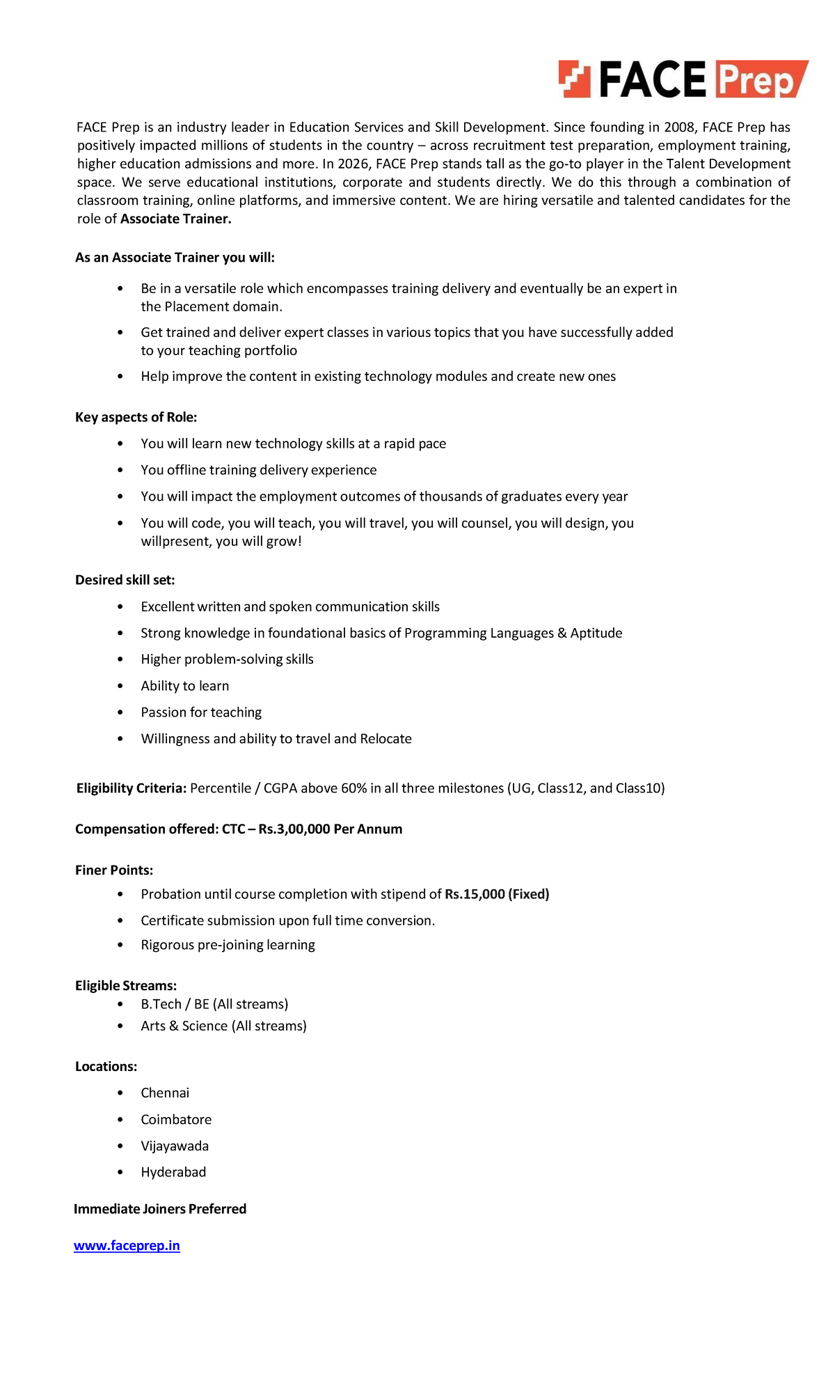 FACE Prep - Associate Trainer Job Description 2026 (UG) - Studocu