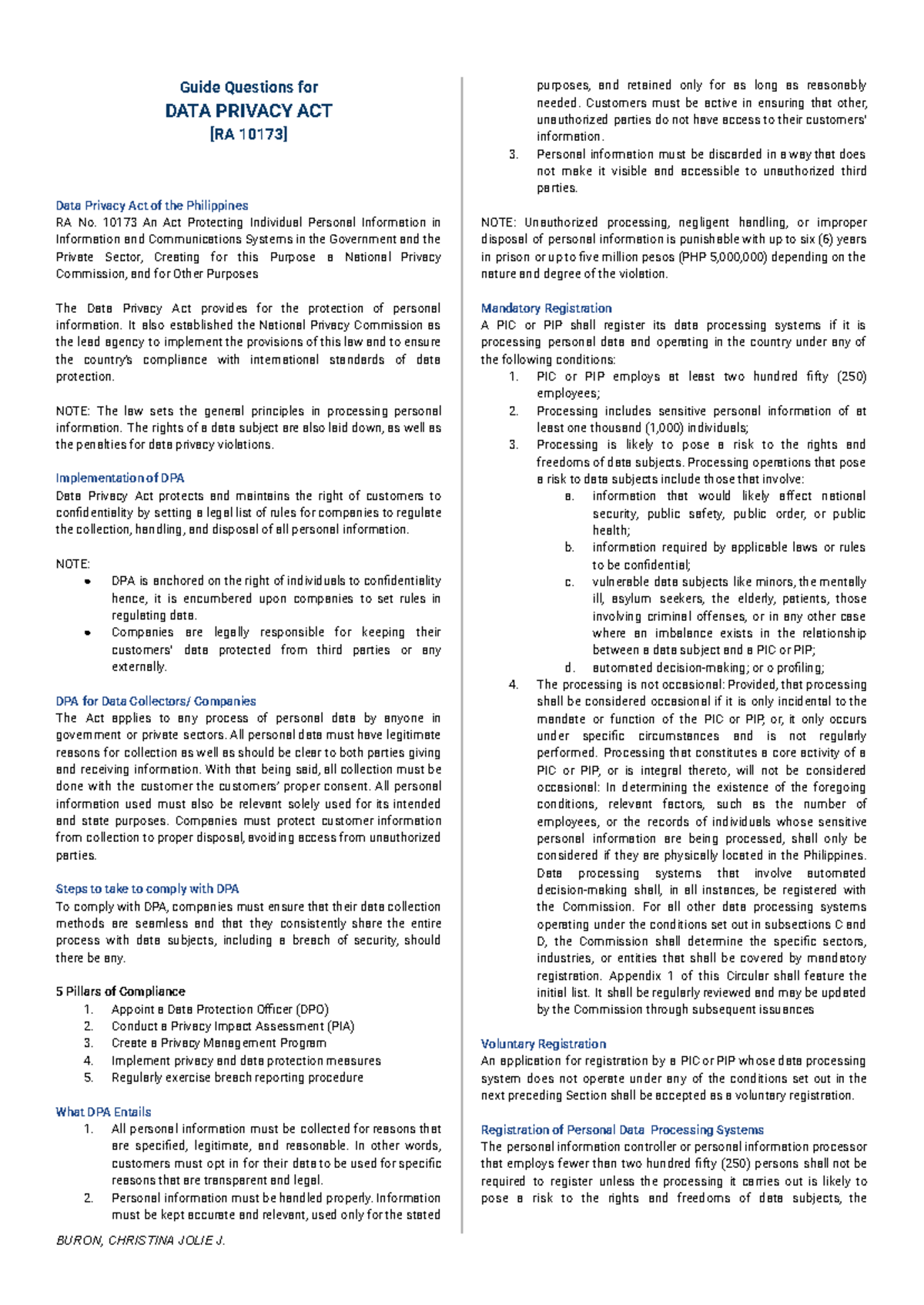 Buron AEC 101 - DPA: Comprehensive Notes on Data Privacy Act - Studocu