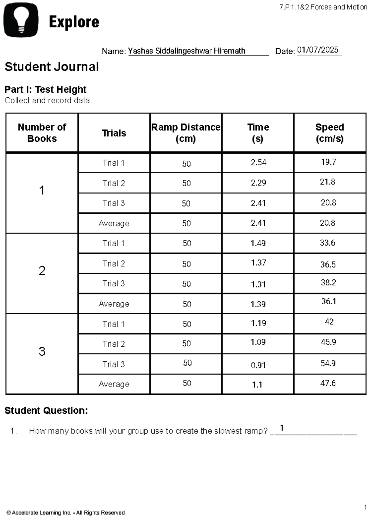 Forces and Motion NC 7.P: Student Journal Part I & II Data Collection ...