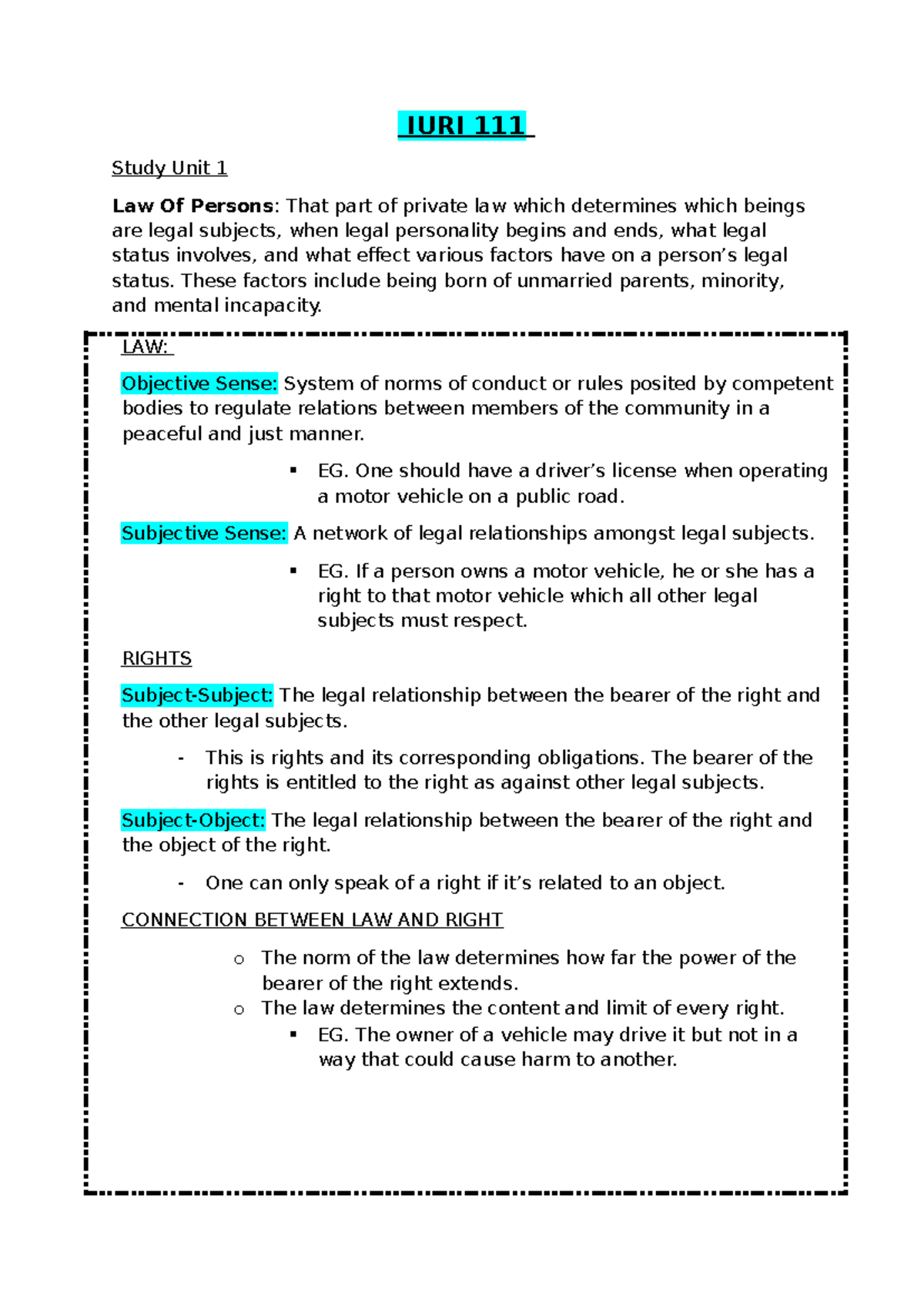 IURI 111 Study Unit 1: Law of Persons Overview and Key Concepts - Studocu