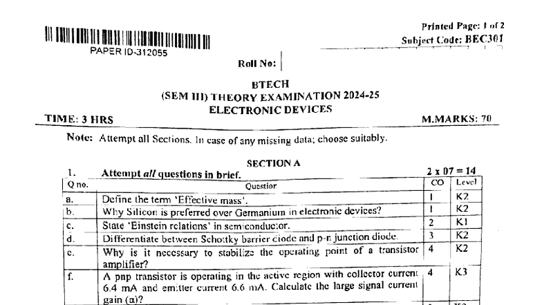 ED KEC301 5-Year PYQs on Electronic Devices (2020-2025) - Studocu