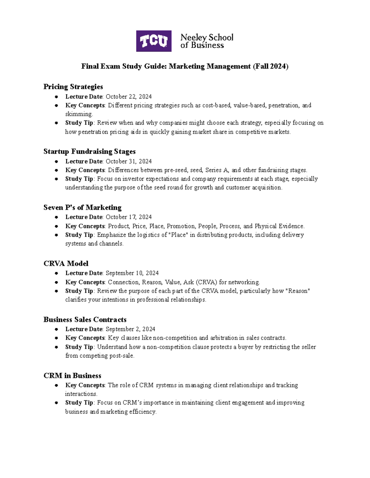 Final Exam Study Guide: Marketing Management (MKT 101, Fall 2024) - Studocu